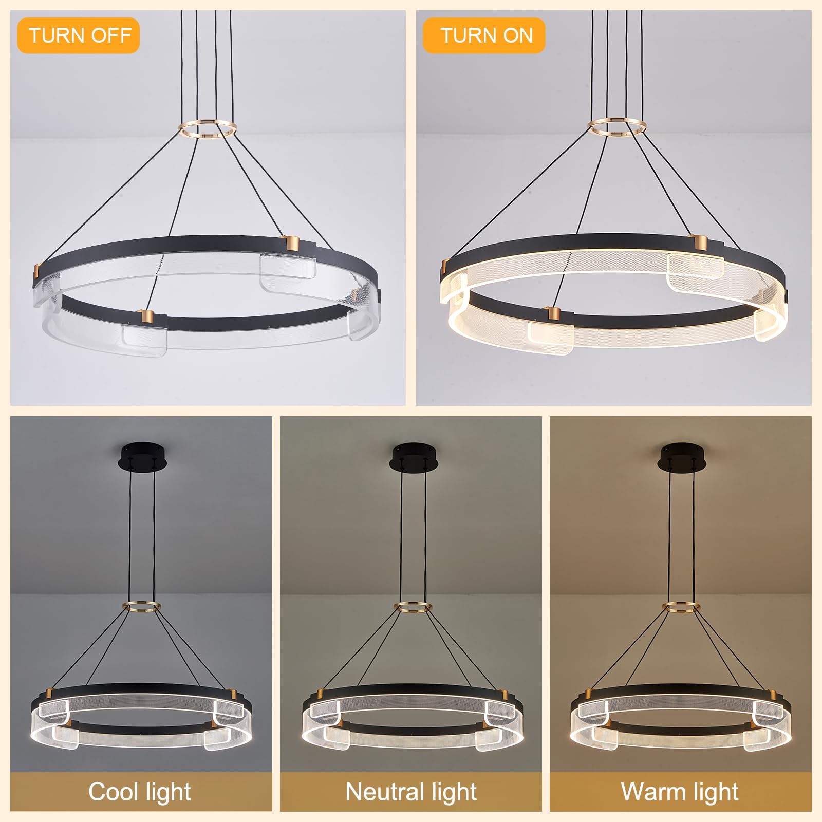Benkut Modern Led Pendant Light, Dimmable Black Led Chandelier For Dining Room Light Fixture Over Table, 24 Inch Modern Pendant Light Kitchen Island Dining Room Living Room Entryway, 3000K-6500K