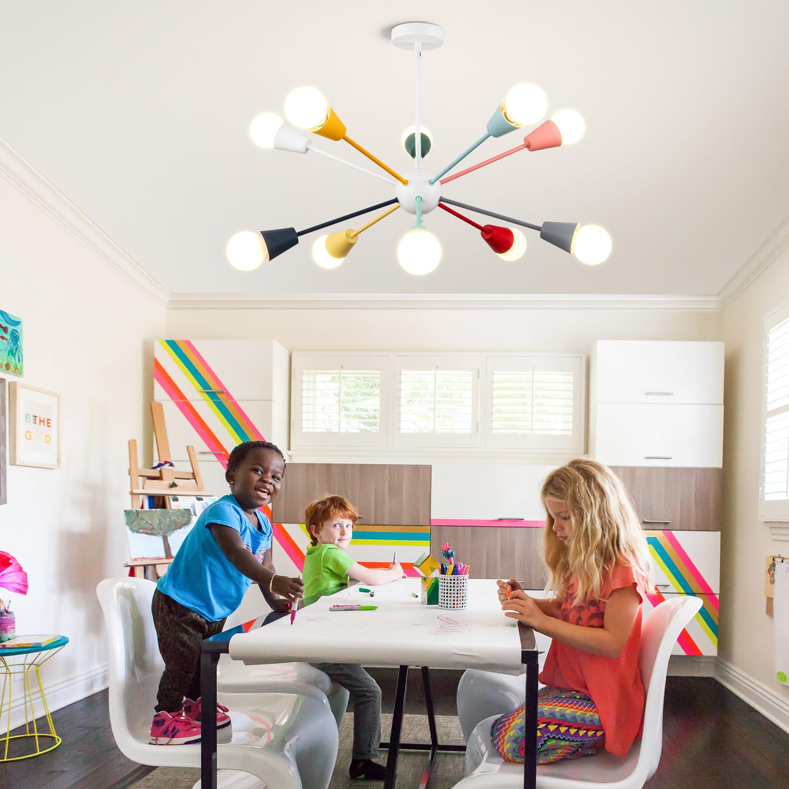 Ymlii 10-Light Colorful Sputnik Chandelier, Height Adjustable Iron Fixture for Dining Room, Kids Bedroom, Multi-colored