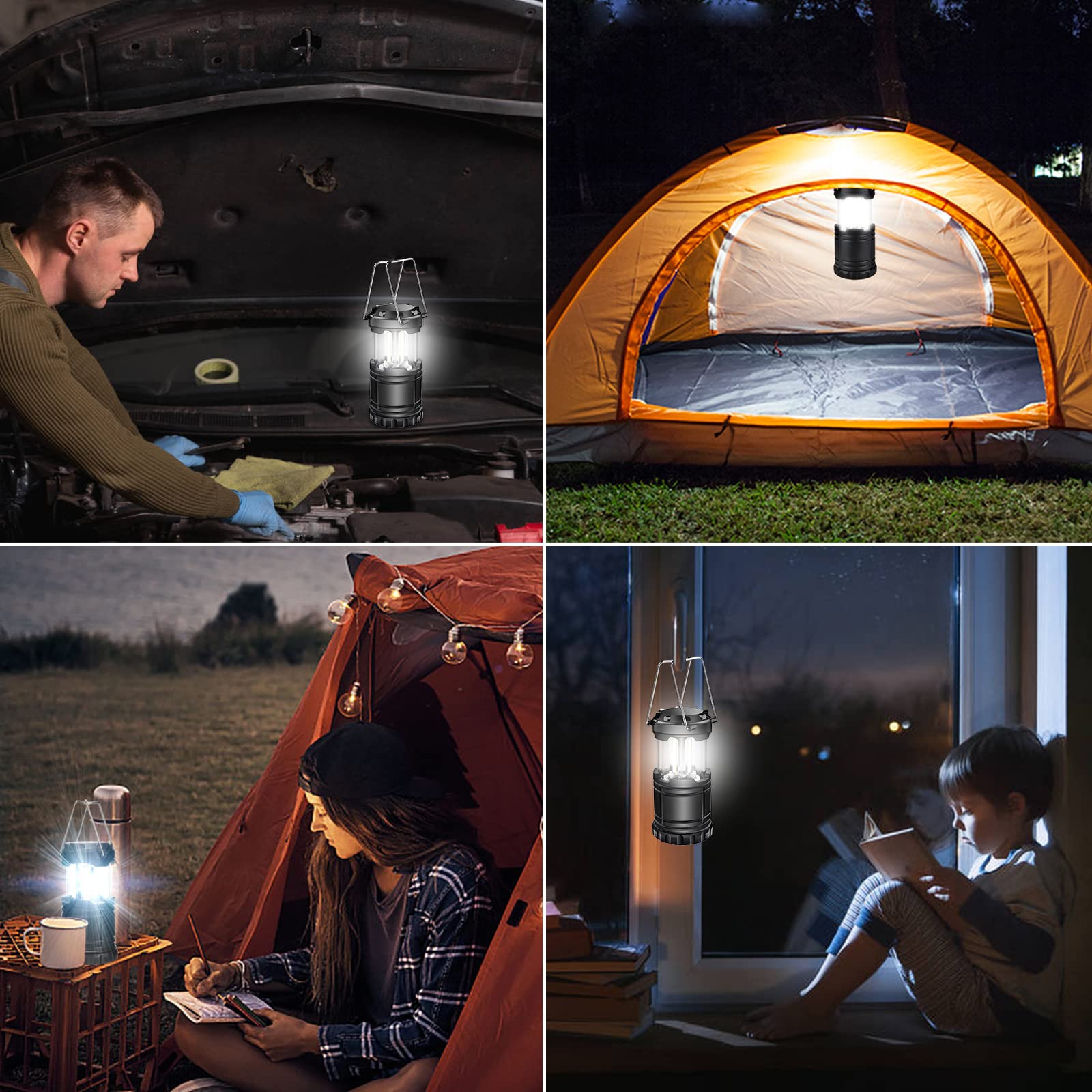 EXTRASTAR LED Camping Lantern - 4 Pcs, Battery Powered, Waterproof, Metal, Black, Model KJ-1286