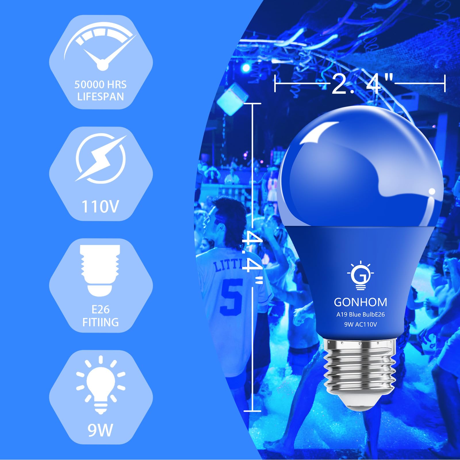Gonhom A19 LED Blue Light Bulbs, 8 Pack, 9W Equivalent, E26 Base, Plastic, Ideal for Holiday & Party Decoration