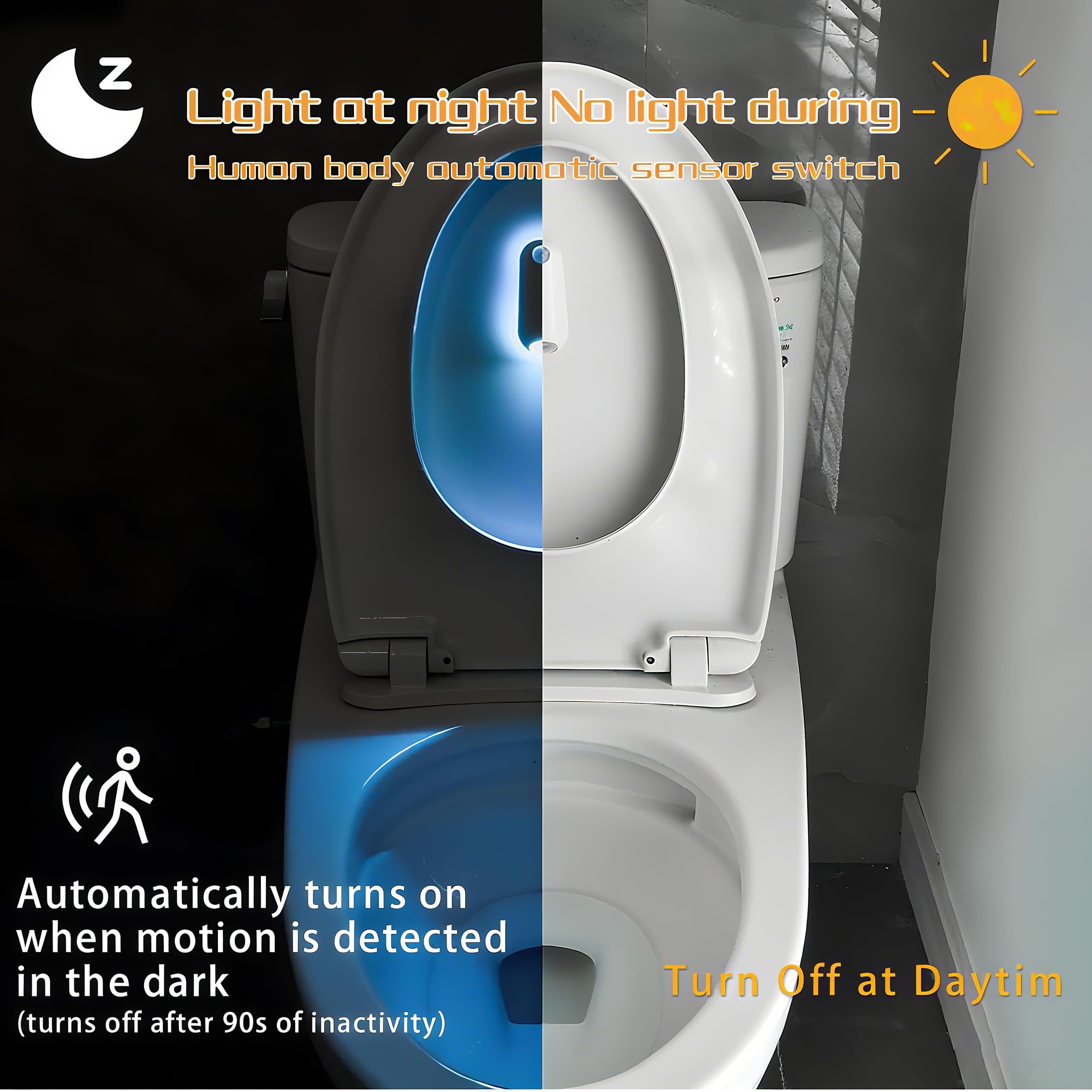 ONXE Toilet Night Light - Motion Sensor, 8 Color Changing, USB-C Rechargeable, Splash-Proof, Ideal for Bathroom, Hallway, Stairs, White