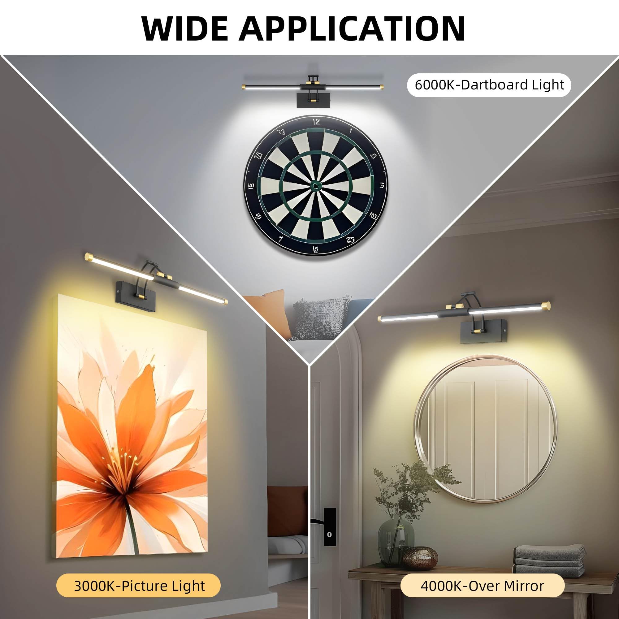 24 Picture Lights For Wall Battery Operated  Wireless Picture Lights With Remote  Rechargeable Wall Light 3000K/4000K/6000K Dimmable  Art Lighting For discomfort-reducingtings Frame Gallery Dartboard  Black Gold
