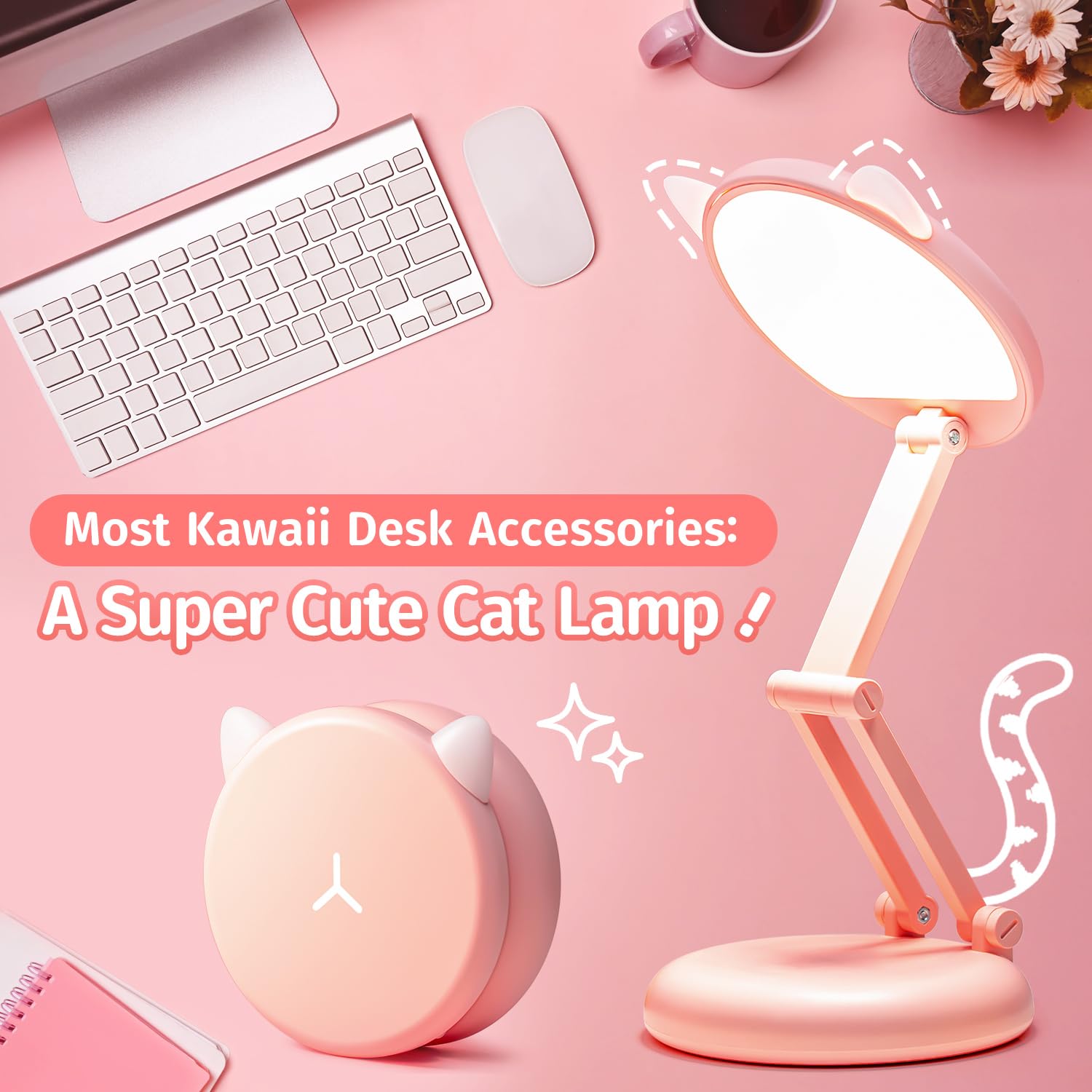 PIKOY Small Desk Lamp Rechargeable 3600mAh 10 Brightness Portable Pink WH-C17