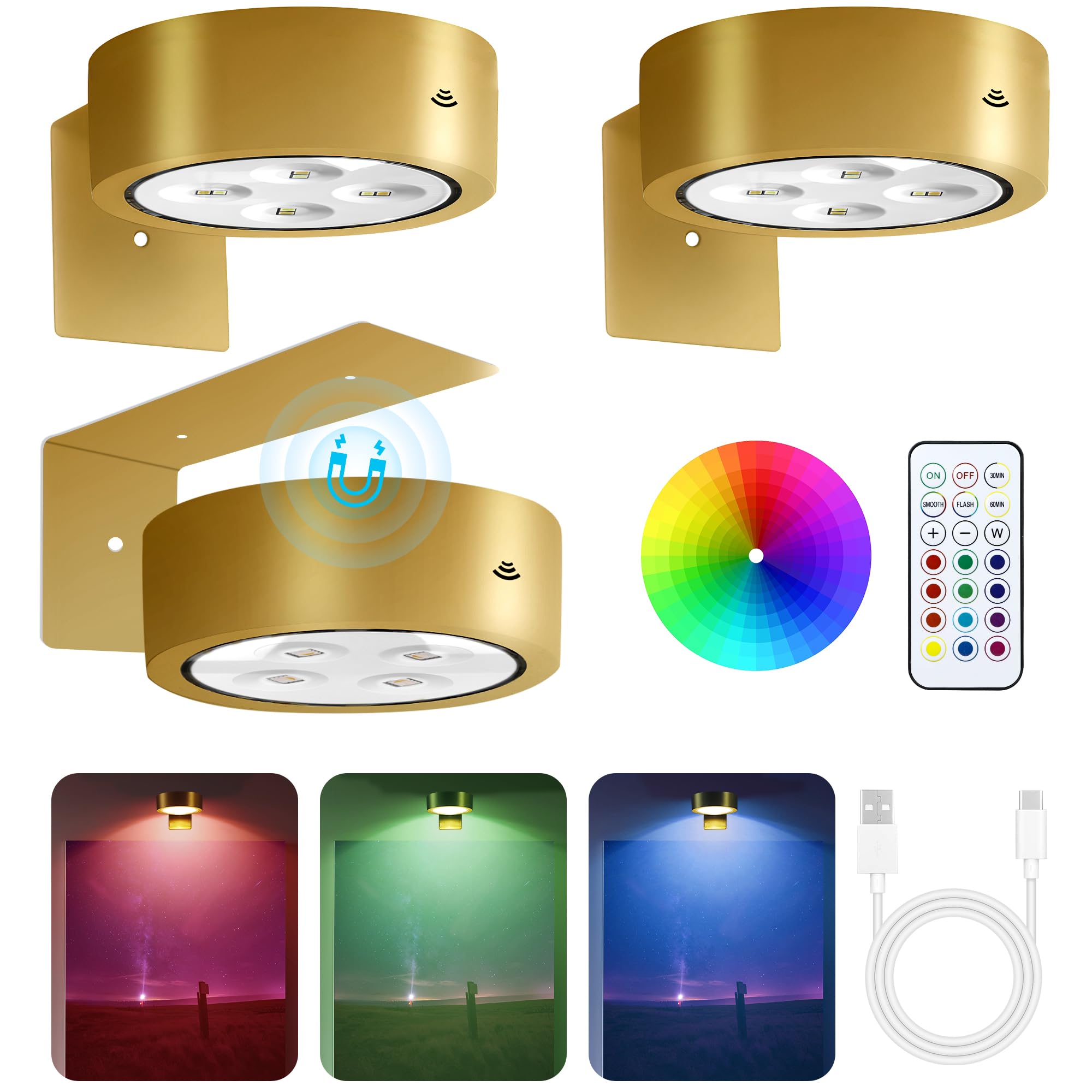 3-Pack Picture Lights for Wall, 13 RGB Color Changing Led Art Display Light with Rechargeable Battery Operated, Magnetic Paintin