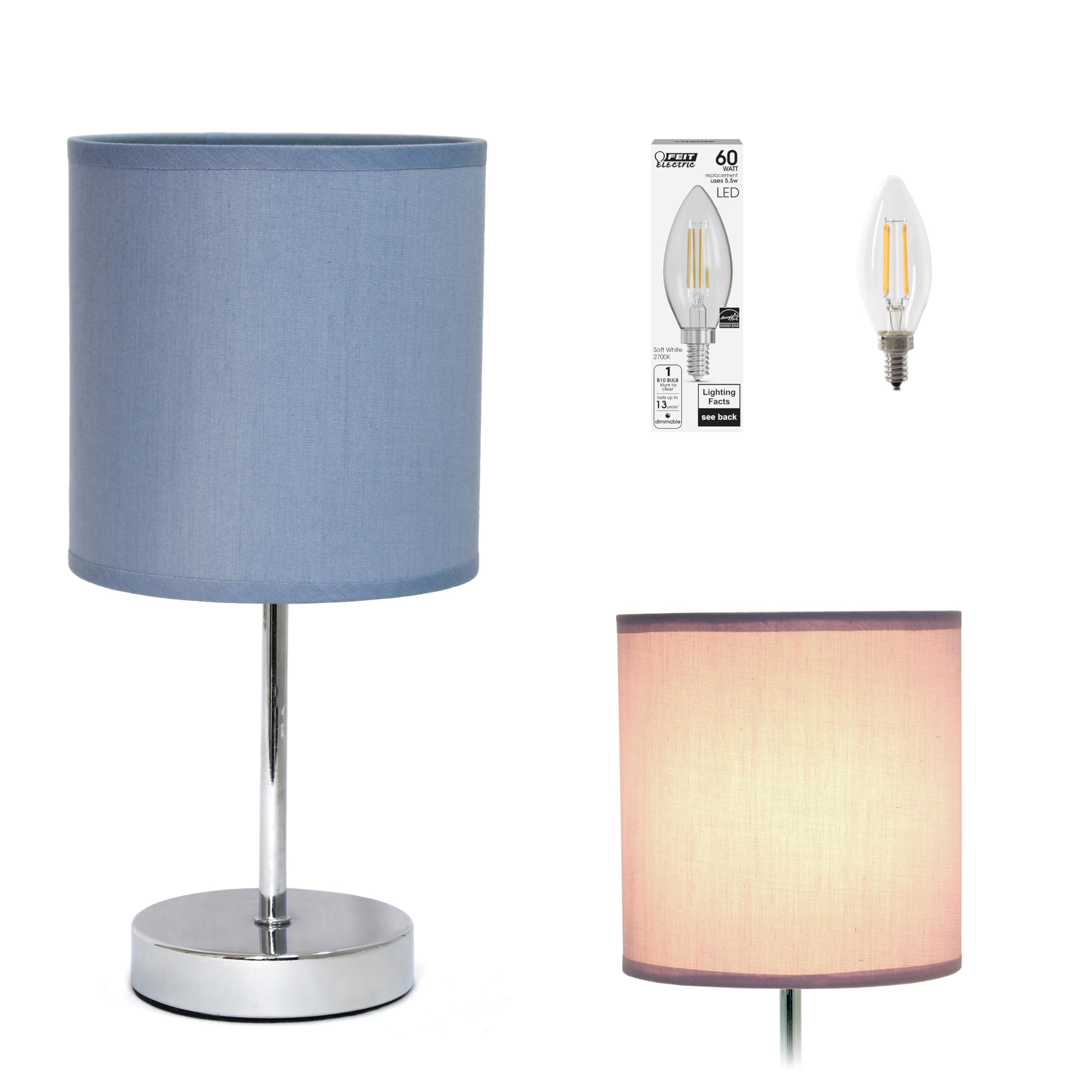 Simple Designs Lt2007-Prp-Lb Basic Chrome Mini Table Lamp For Living Room, Nightstand, Desk, Countertop, Purple, With Feit Led B