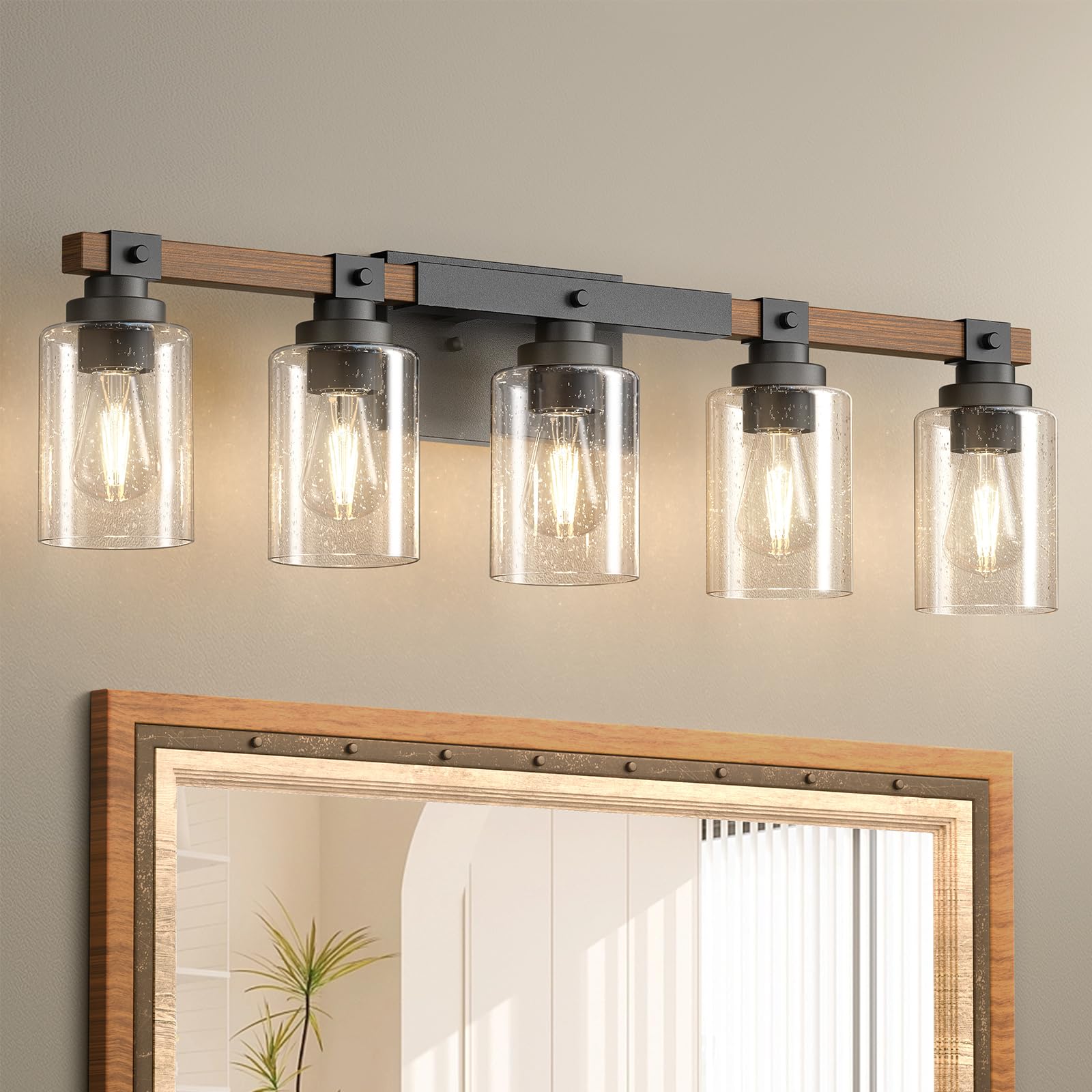 Amico Farmhouse Vanity Light Fixtures, Rustic 5-Light, Black Metal with Bubble Glass Shade, Model GYF-5