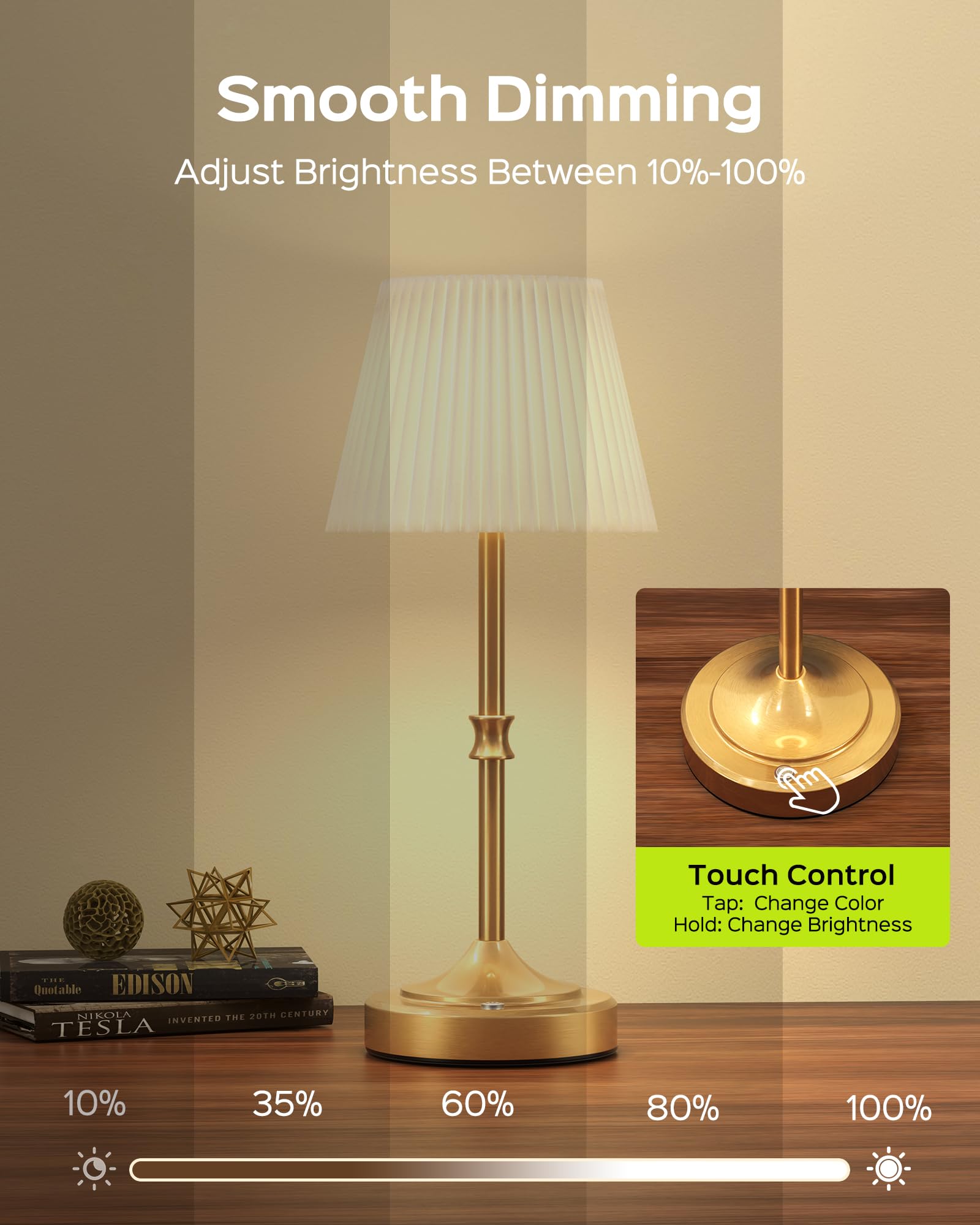Jackyled Cordless Led Table Lamp, 3 Color Lights With Dimmer, 5400Mah Battery Operated Rechargeable, Wireless Lamp Portable For