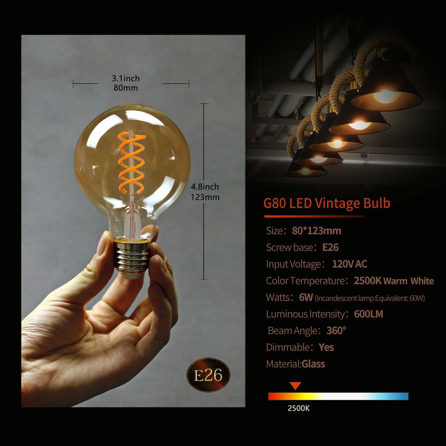 G25 Globe Light Bulbs, Antique Flexible Spiral Led Filament Light Bulb, Vintage Edison Bulb,6 Pack, Warm White 2500K,6W Equivale