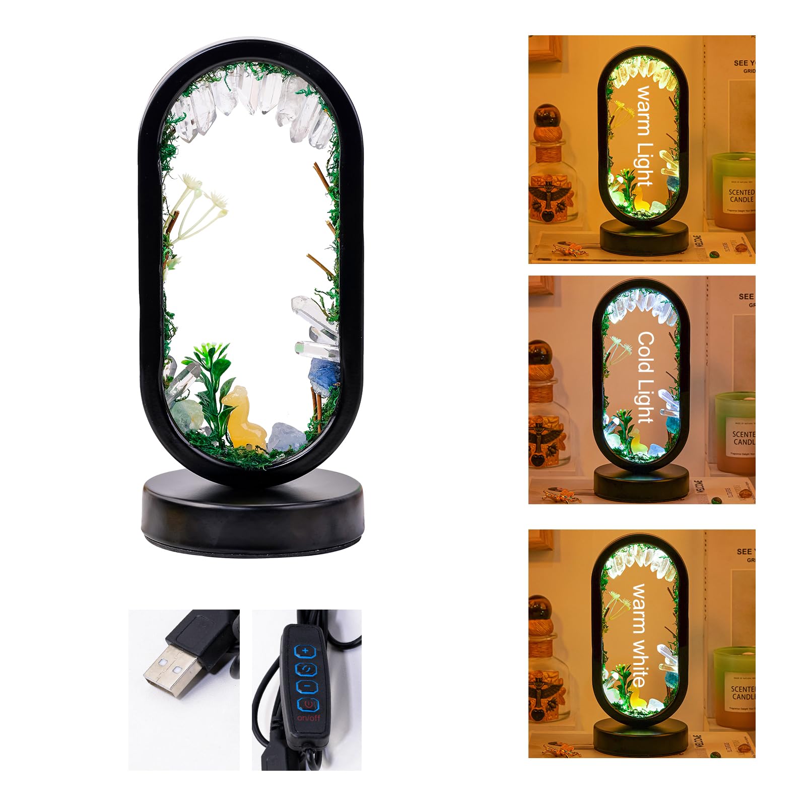 Runyangshi Natural Crystal Night Light - Oval Quartz Lamp, USB Powered, Tri-Color Ambient Lighting, Forest Style, Ellipse Shape