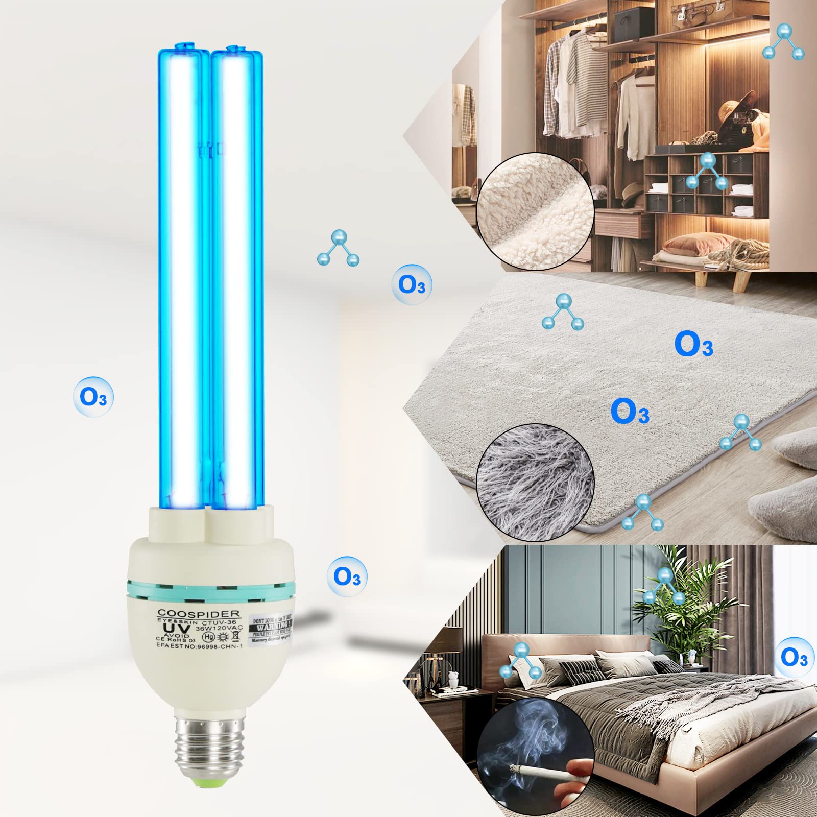 COOSPIDER UV Light Bulb, 36W UVC Germicidal Lamp for Odor and Mold Removal, E26 110V, White, 1 Count