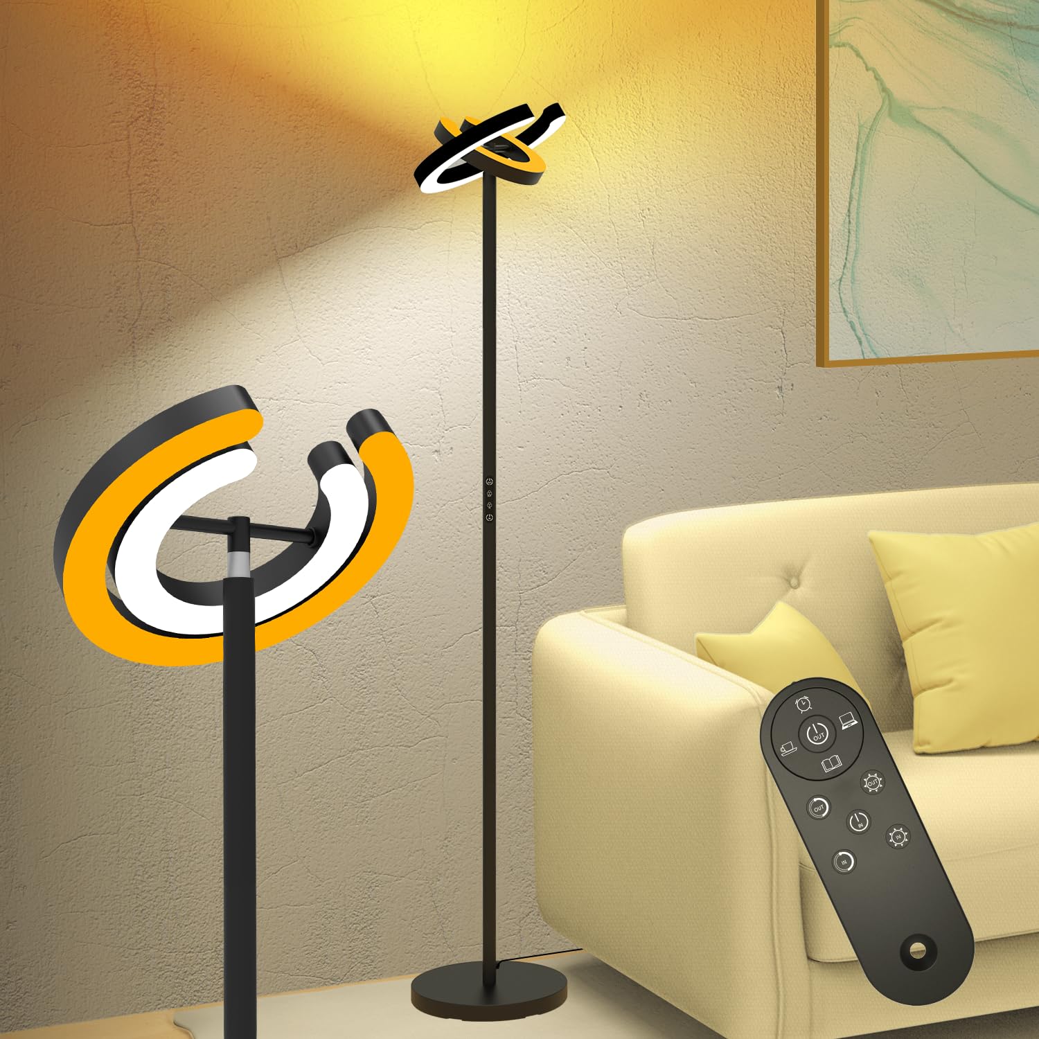 Epabina Floor Lamp For Living Room, 75.5 Inch Tall Standing Lamp For Bedroom With 2 312 Rotatable Ring Lights, 36W Bright Steple