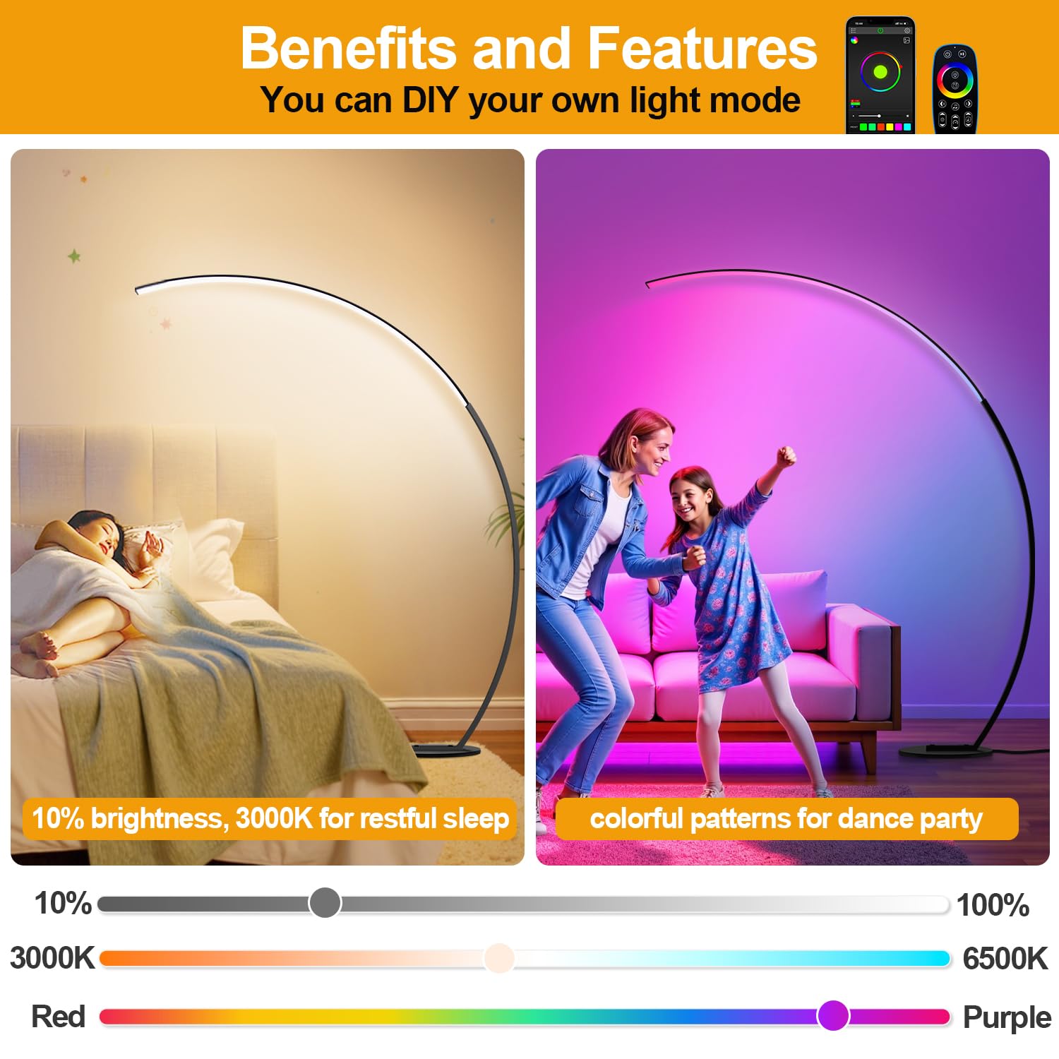 Rgb Dimmable Arc Floor Lamps With 3 Color Temperatures, Ultra Bright 1800Lm Led Floor Lamps For Living Room, Modern Standing Tal