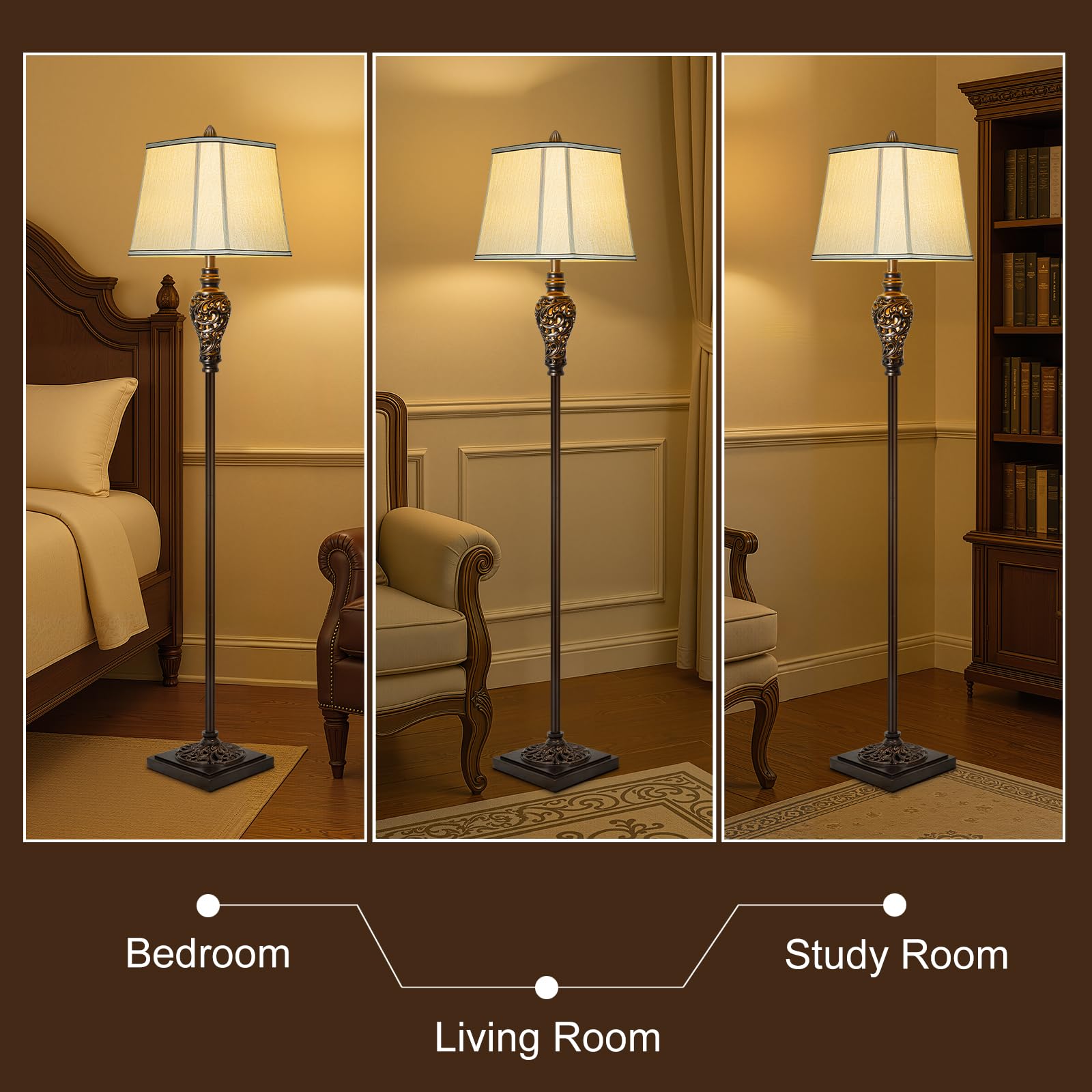Vintage Floor Lamp With Night Light, 65'' Retro Standing Lamp With Brown Finish And Beige Faux Silk Shade, Farmhouse Industrial