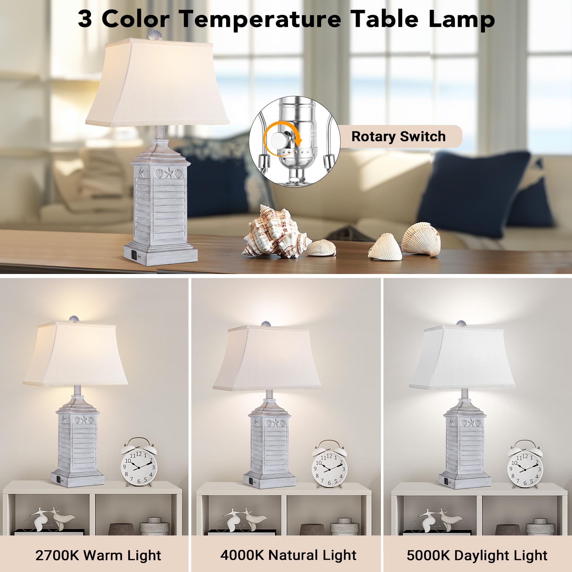Hamucd Coastal Table Lamps Set of 2, Antique Grey Resin, USB A+C, 3-Color Temperature, Nautical Bedroom Decor, Model STR-DL-0116
