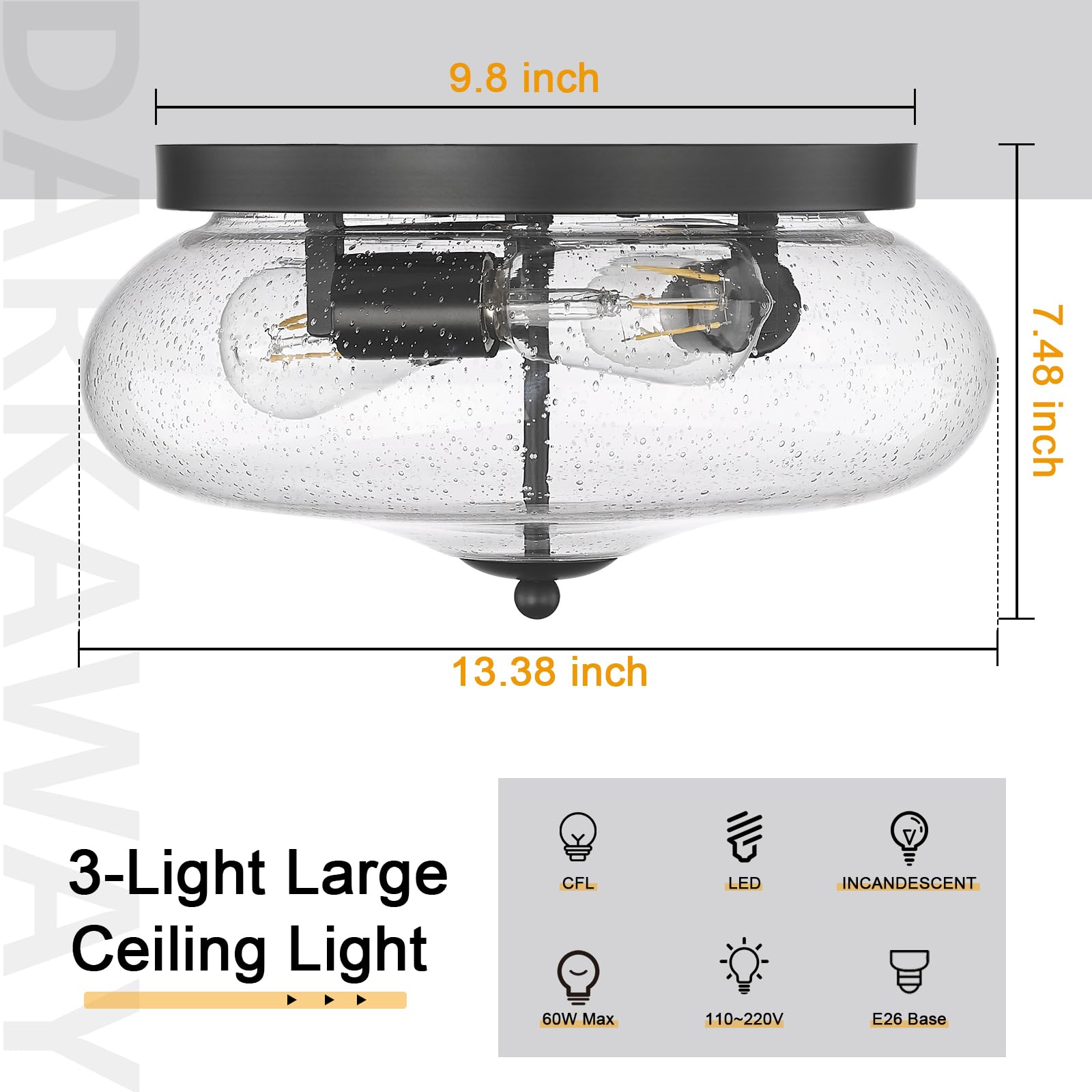 Darkaway Ceiling Light Fixture, 3-Light Flush Mount, Seeded Glass Shade, 13.38in, Black, Model 6T1F, Indoor/Outdoor Use