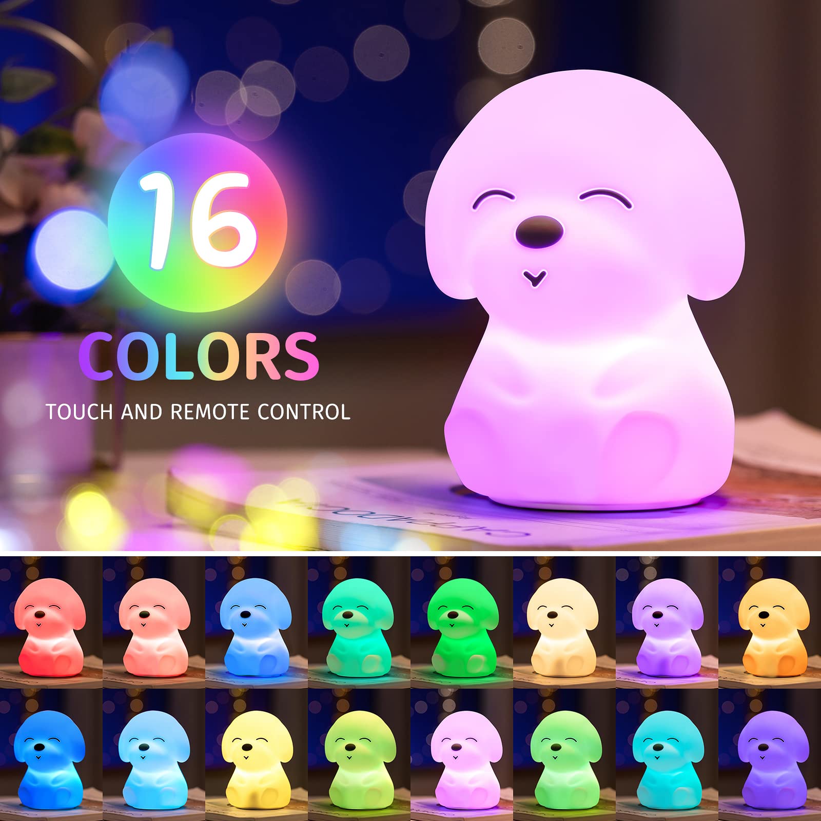 Mubarek Puppy Night Light Lamp - Remote & Timer, 16 Colors, Rechargeable Silicone, Dog Size