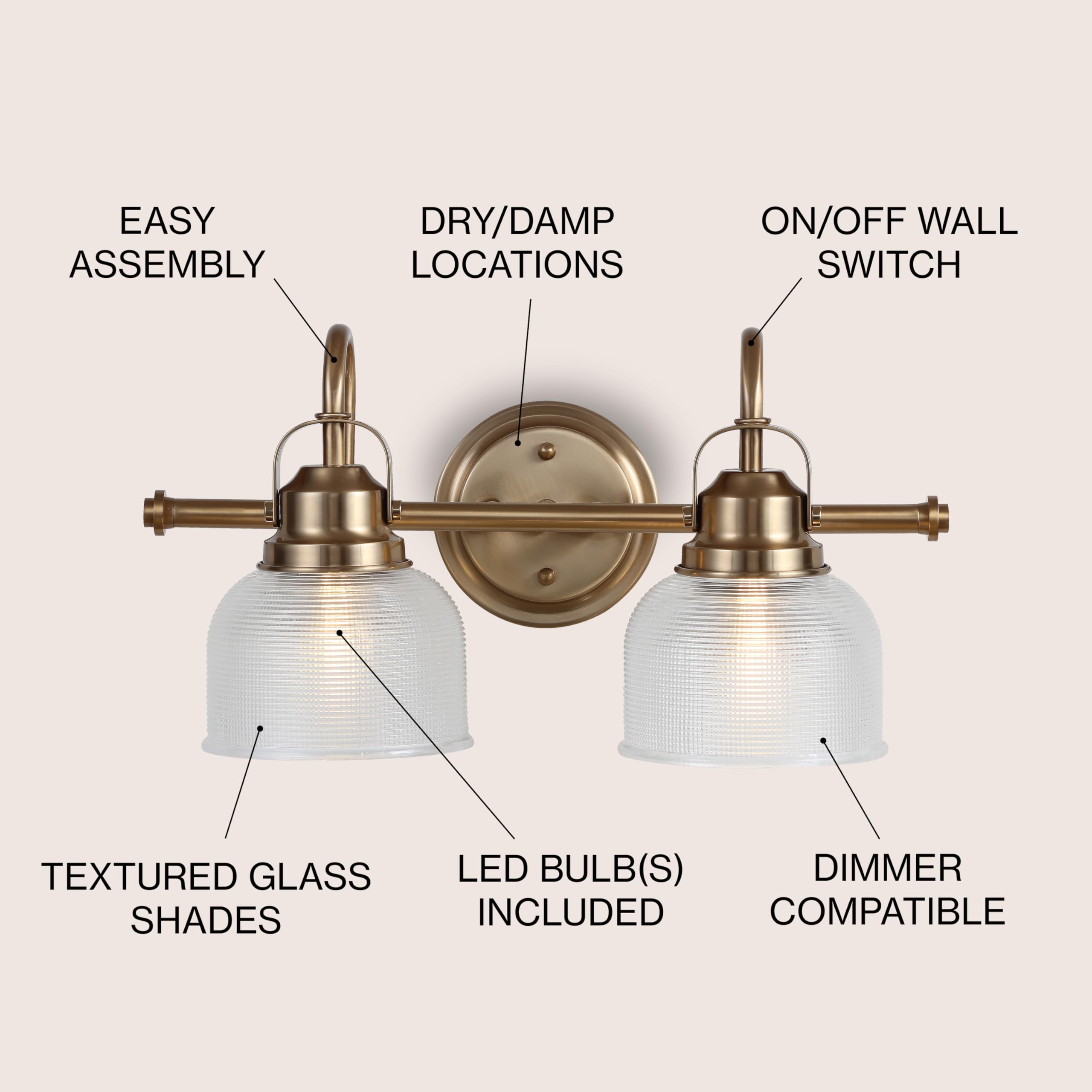JONATHAN Y Virginia 2-Light LED Vanity Light Brass Gold Metal Glass JYL7408B
