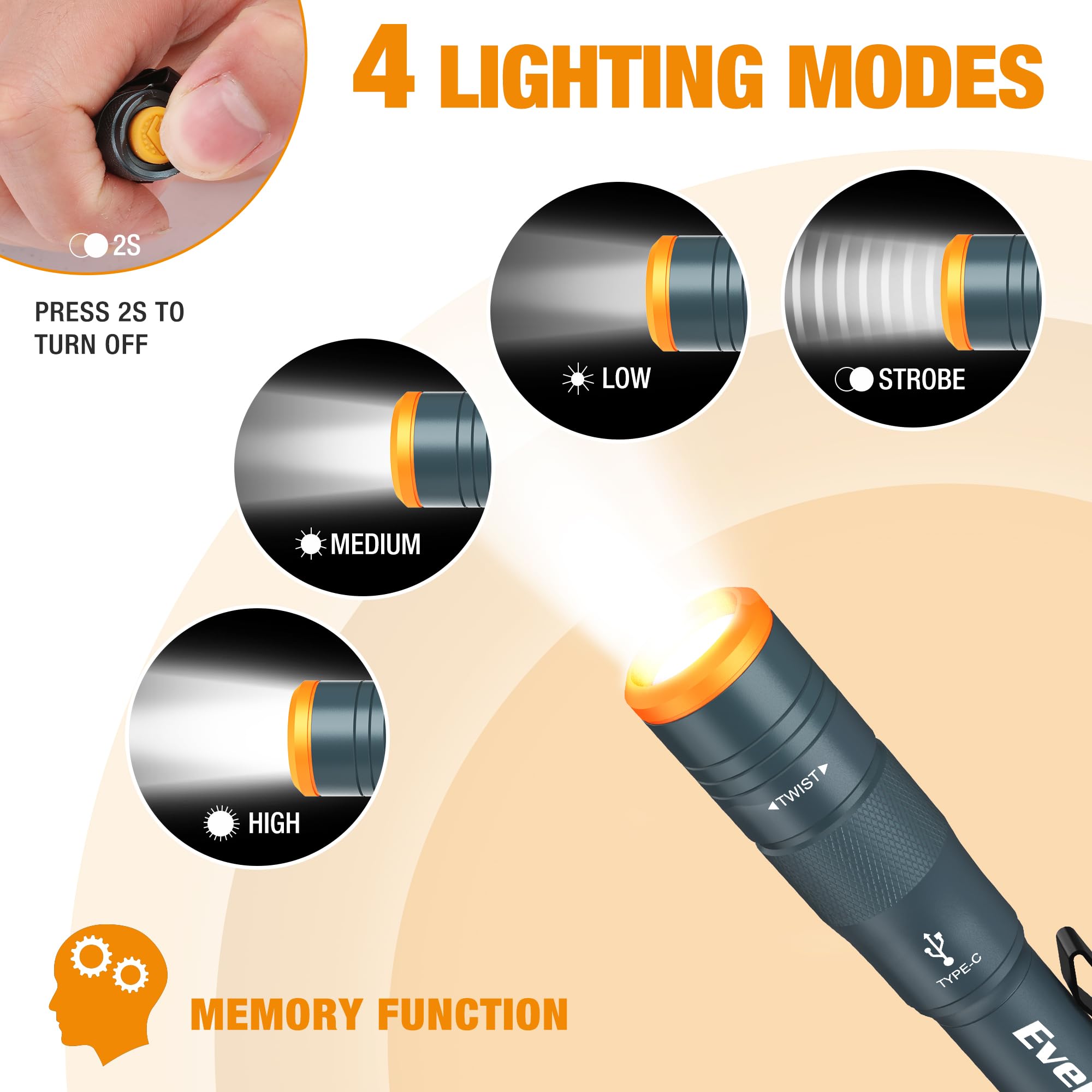 EverBrite Mini Pen Light, Rechargeable Flashlight, 300 Lumens, USB C, 4 Light Modes, Aluminum, Blue, Model E101122AE