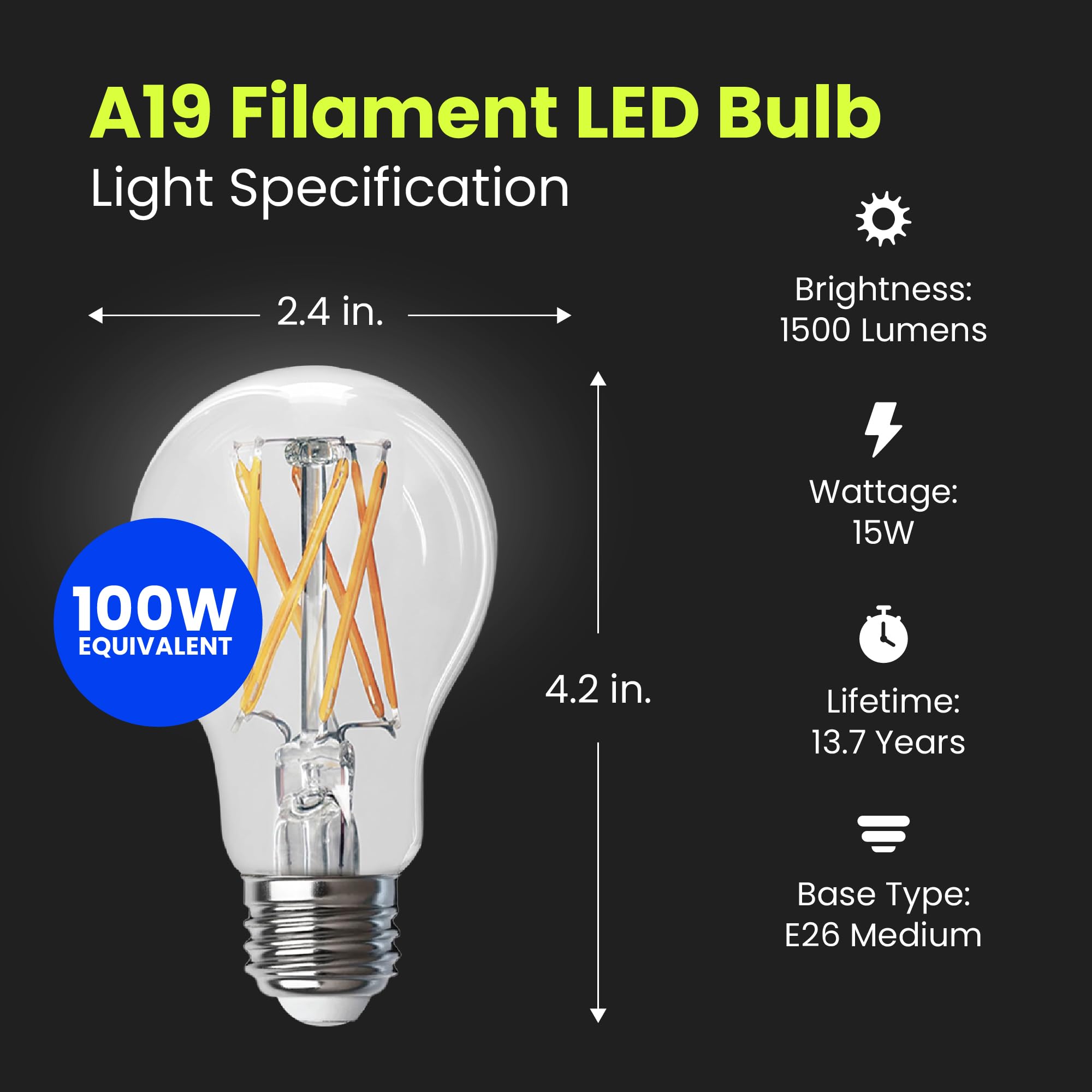 Feit Electric A19 Led Light Filament Bulb, 100W Equivalent, Dimmable, E26 Base, 5000K Daylight, Vintage Edison Clear Glass Light