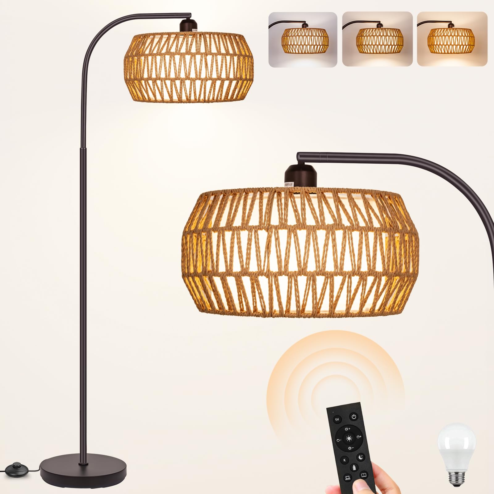 Brilvibera Rattan Standing Lamp With Remote And Dimmable Bulb, Bronze Arch Floor Lamp, Over Couch Lamp With Foot Switch, Brown Boho Lamp For Living Room, Bedroom, Office, Classroom