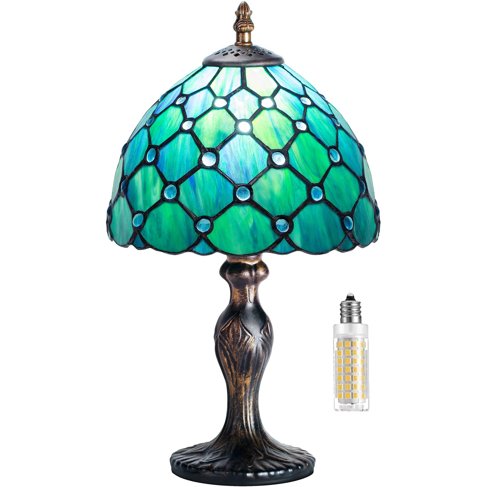 Miaoke Tiffany Table Lamp, Handmade Stained Glass Nightstand Light, Green Bead Decor