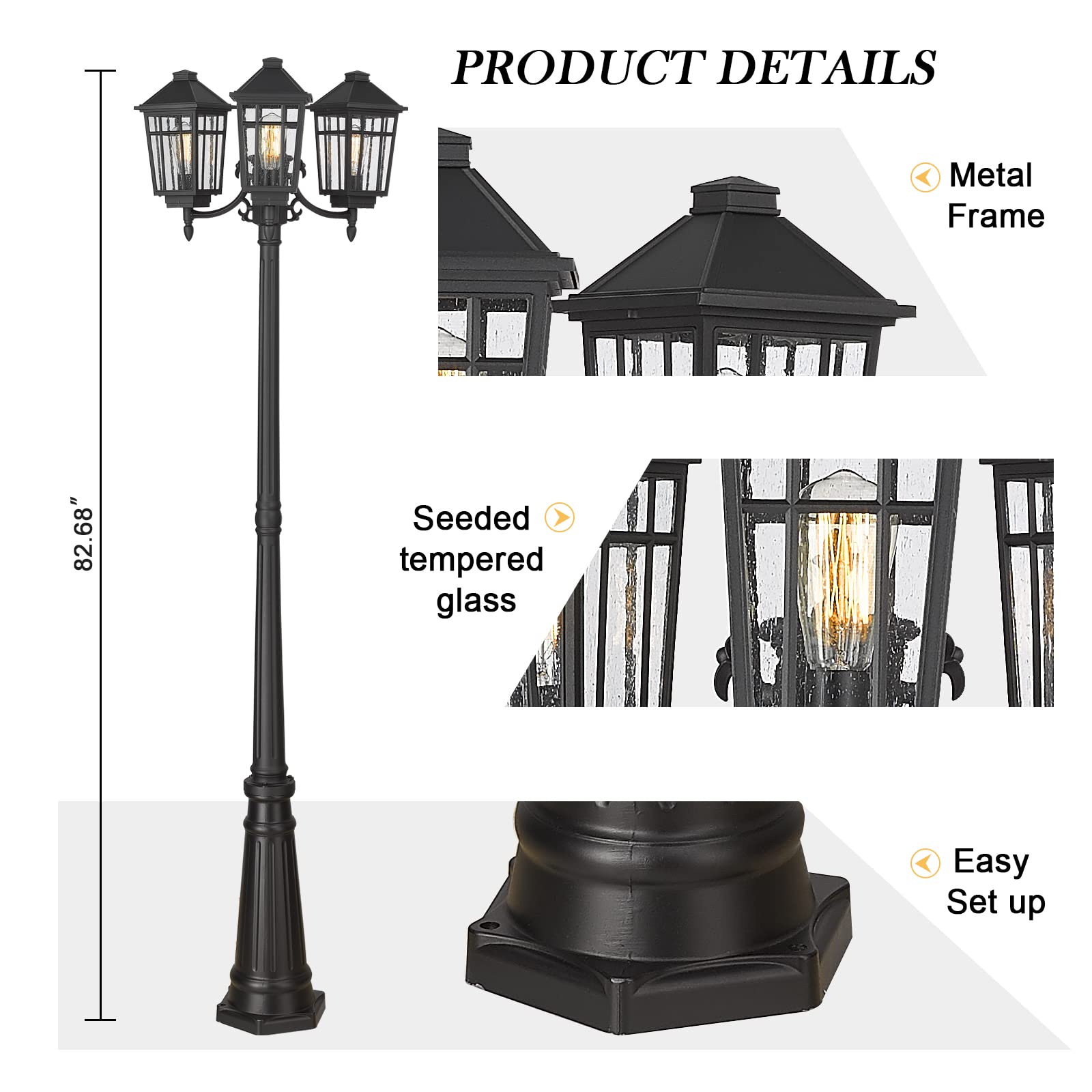Darkaway Outdoor Post Light 3-Head Outdoor Street Light Pole Lamp Posts Road Lighting Waterproof Aluminum With Glass Outside Lighting Fixture For Backyard Garden Patio Pathway