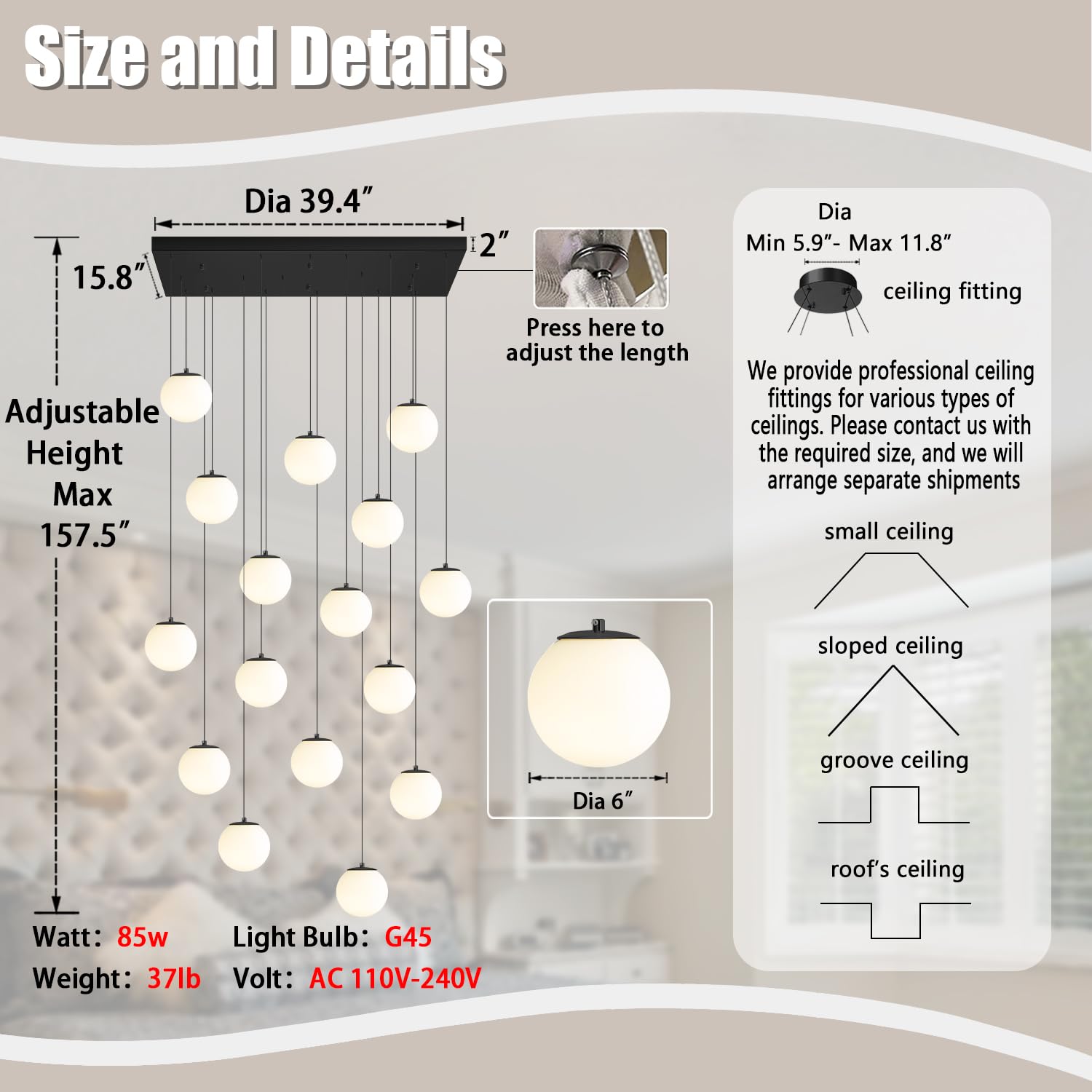 ykolupty 16-Light Black Chandelier, Dimmable White Globe Glass Pendant Light for Kitchen & Dining, Model TP3016-RB-16H-CT