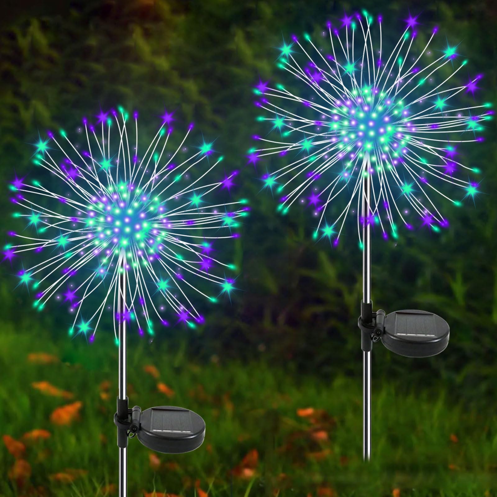 YaaFen Solar Garden Lights, 120 LED Twinkling Firework, 2 Pack, Waterproof, Green + Purple, Model YHD