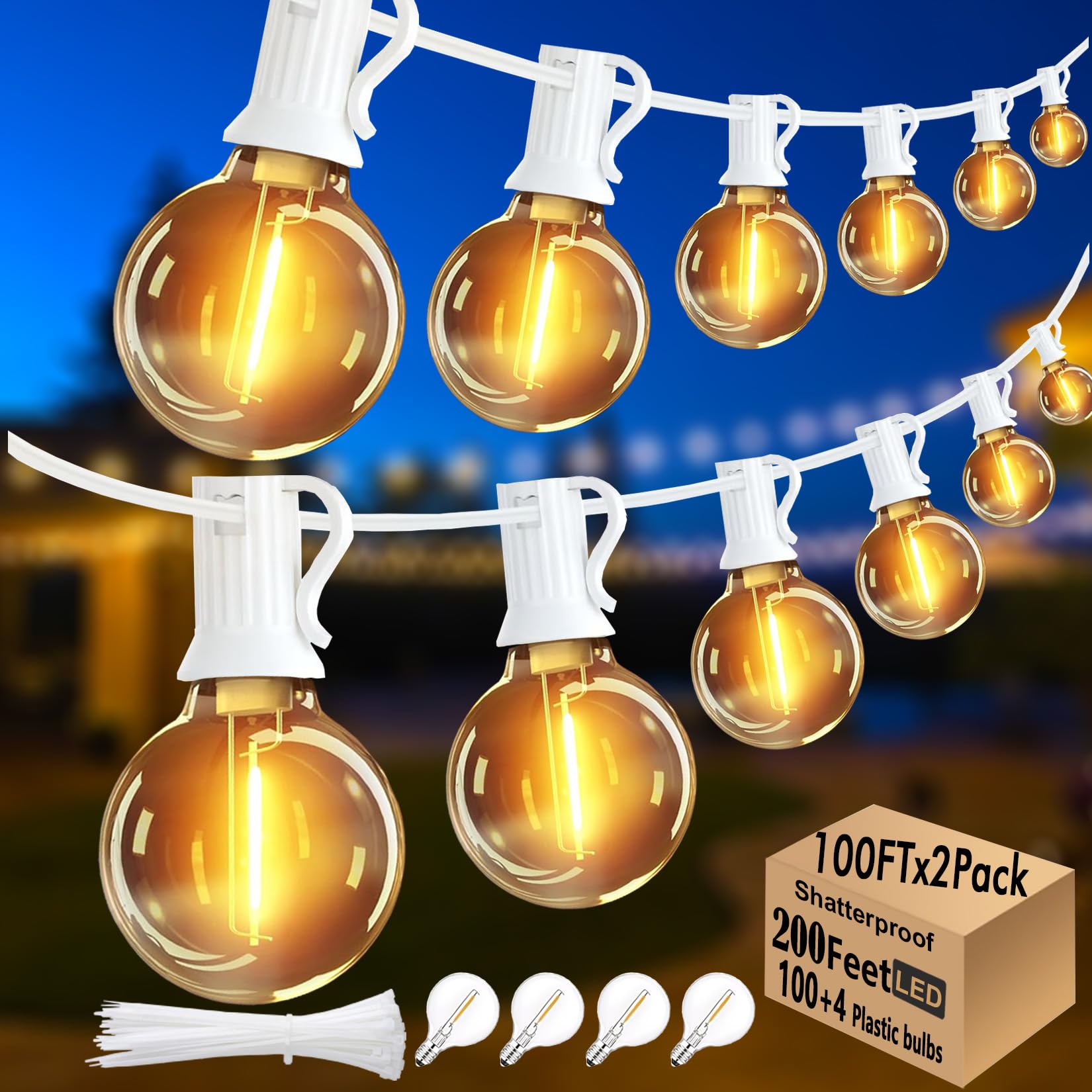 200 Feet White String Lights for Outside G40 Patio Lights Waterproof with 100+4 Replaceable Shatterproof Warm Yellow Globe Bulbs