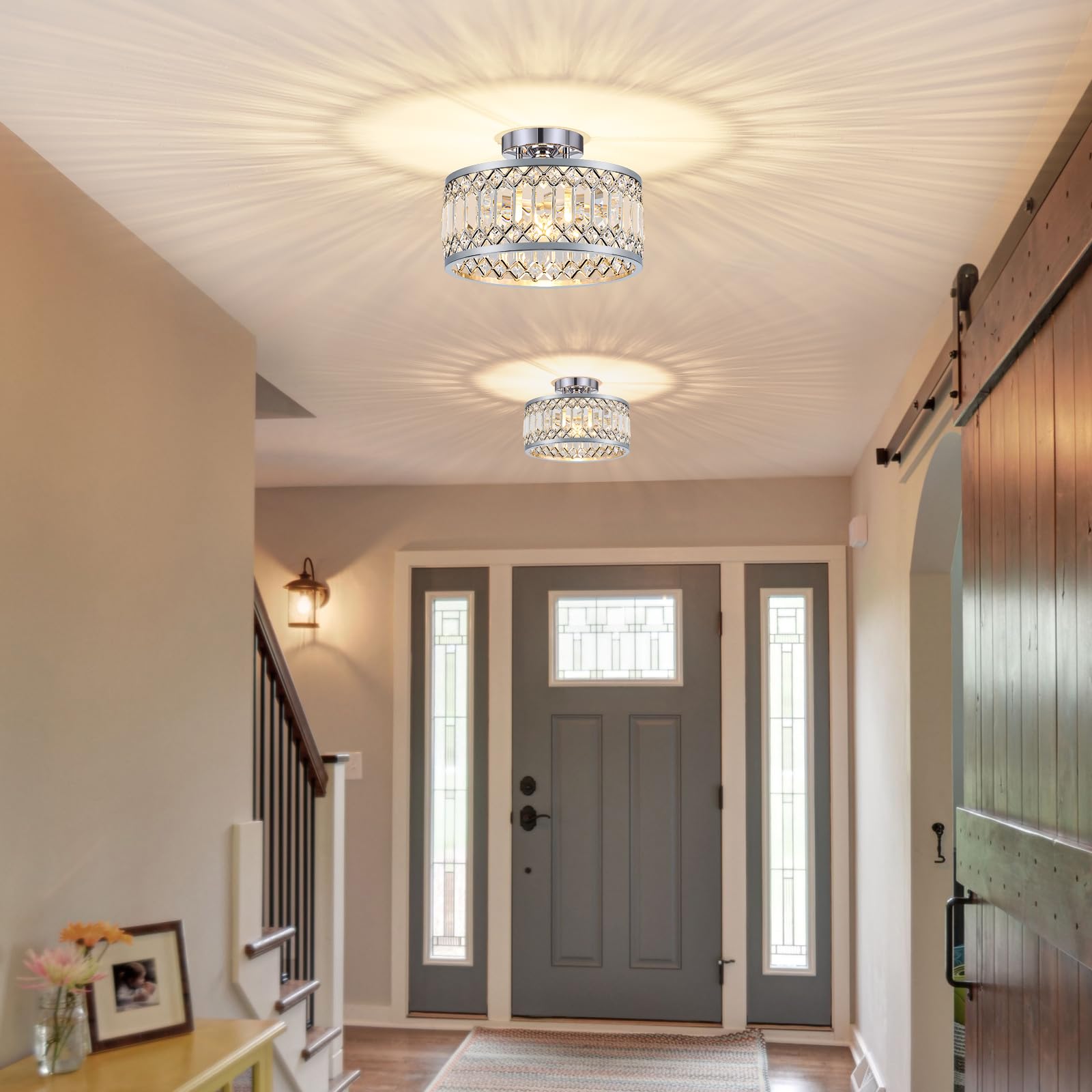 YURNYQ Crystal Ceiling Light Fixture, Modern Semi Flush Mount, Chrome, 11.4 Inch, Metal, Model 241017005