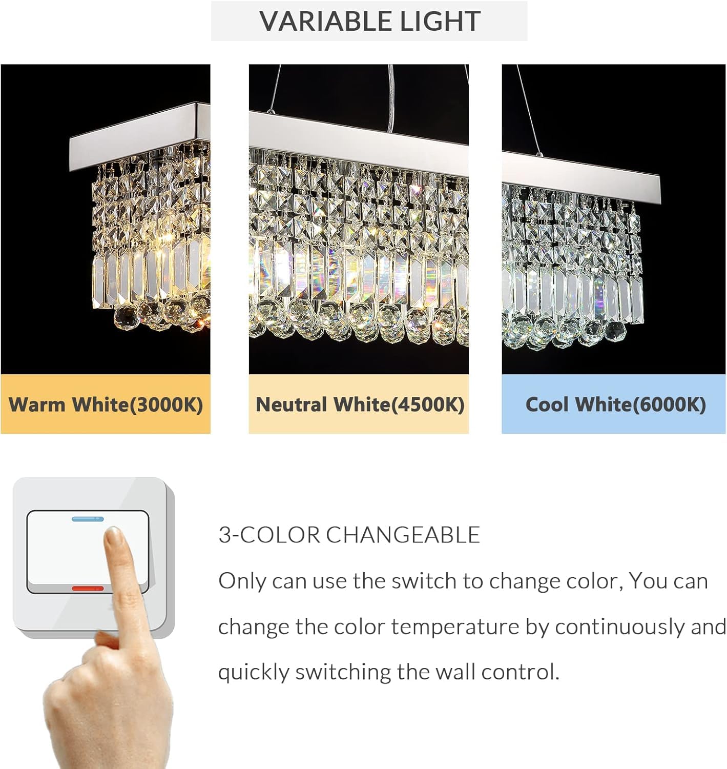 Siljoy 6-Light Modern Crystal Chandelier For Dining Room, Rectangular K9 Crystal Raindrop Chandelier, Rectangle Pendant Ceiling