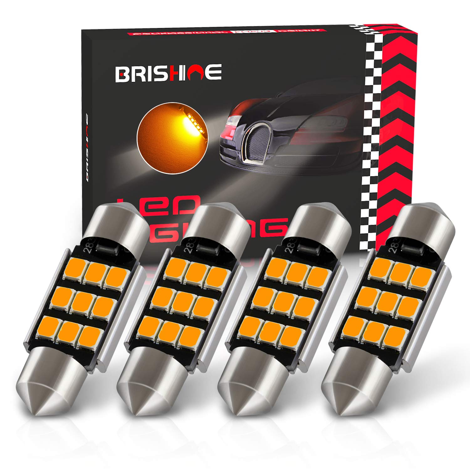 Brishine 6418 Led Bulbs, Super Bright Amber Yellow 2835 Chipsets Canbus Error Free 36Mm 1.5    Festoon 6411 6461 De3425 C5W Led
