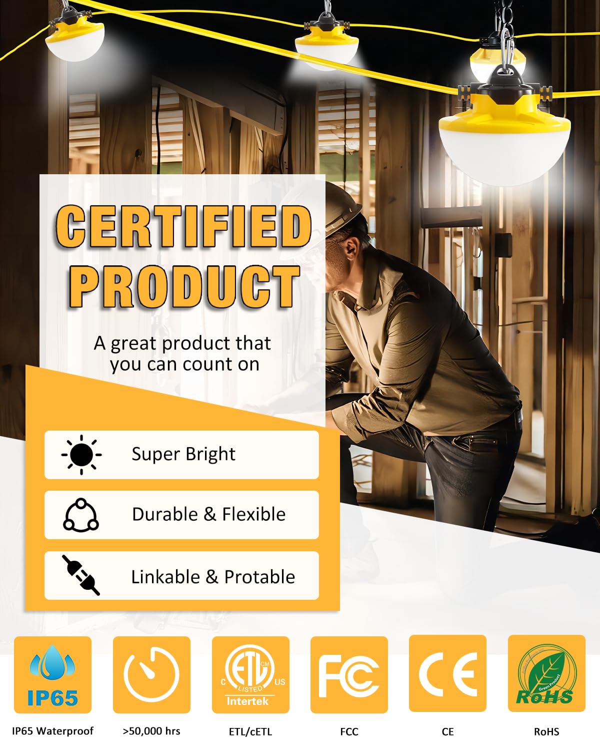 Jc-Lgl 100Ft Construction String Light 130W 16000Lm, 5000K Industrial Grade Led String Work Lights, Ip65 Waterproof Temporary Li