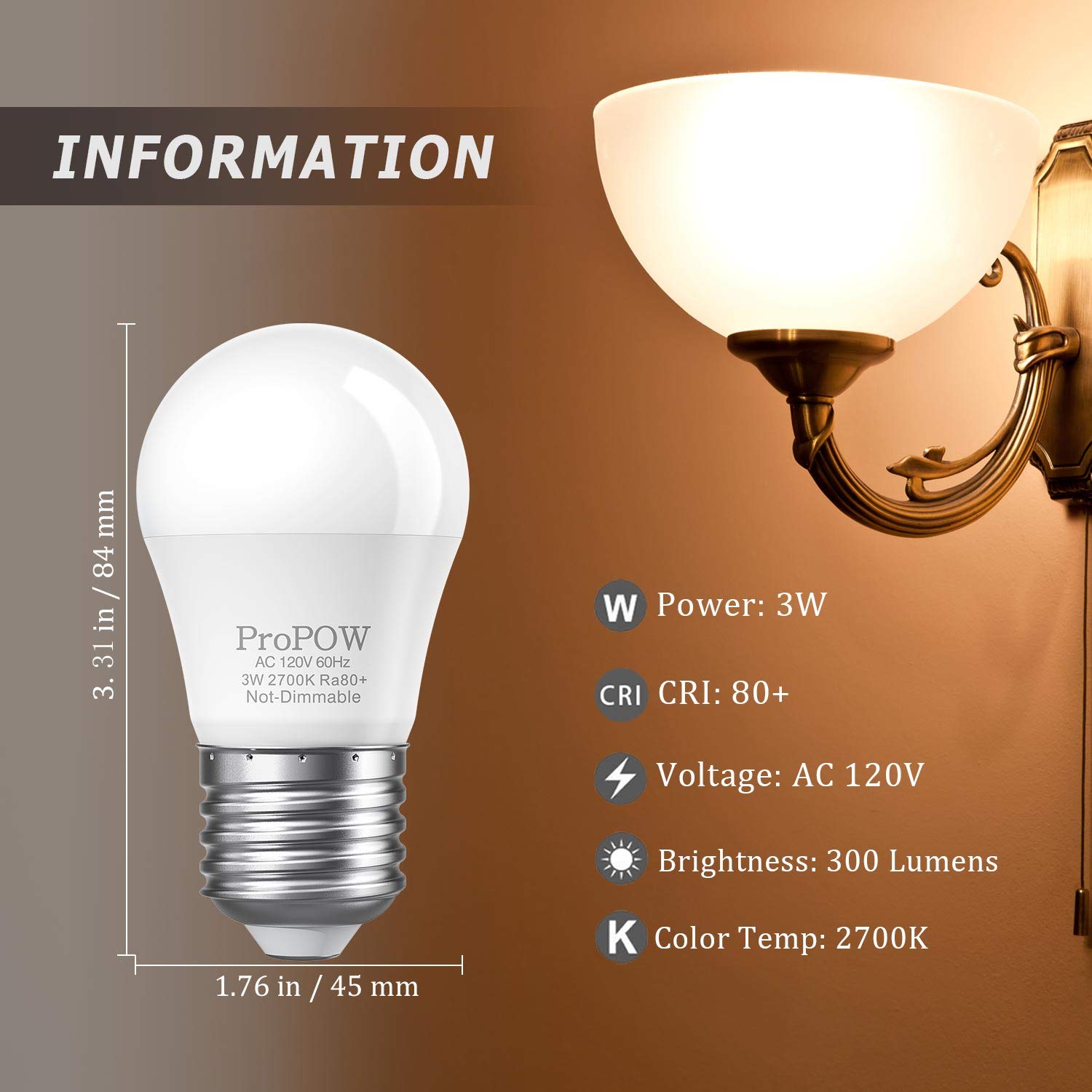 ProPOW A15 E26 3W LED Light Bulbs, Soft White 2700K, 6 Pack, Plastic