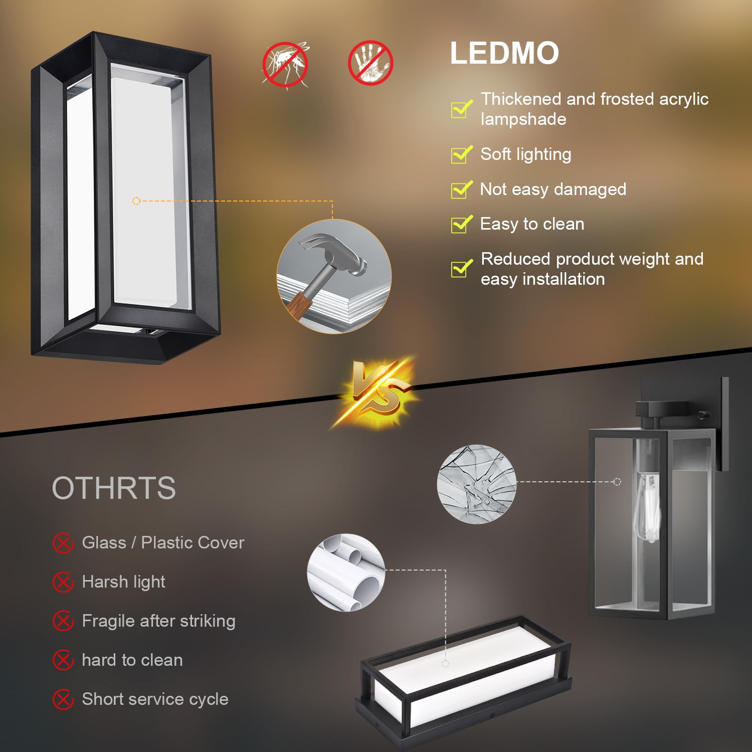 LEDMO Outdoor Wall Light 1800Lm, 3000K Waterproof Black Fixture, Rectangle - 2 Pack, Modern Porch Lighting for House, Garage, Patio