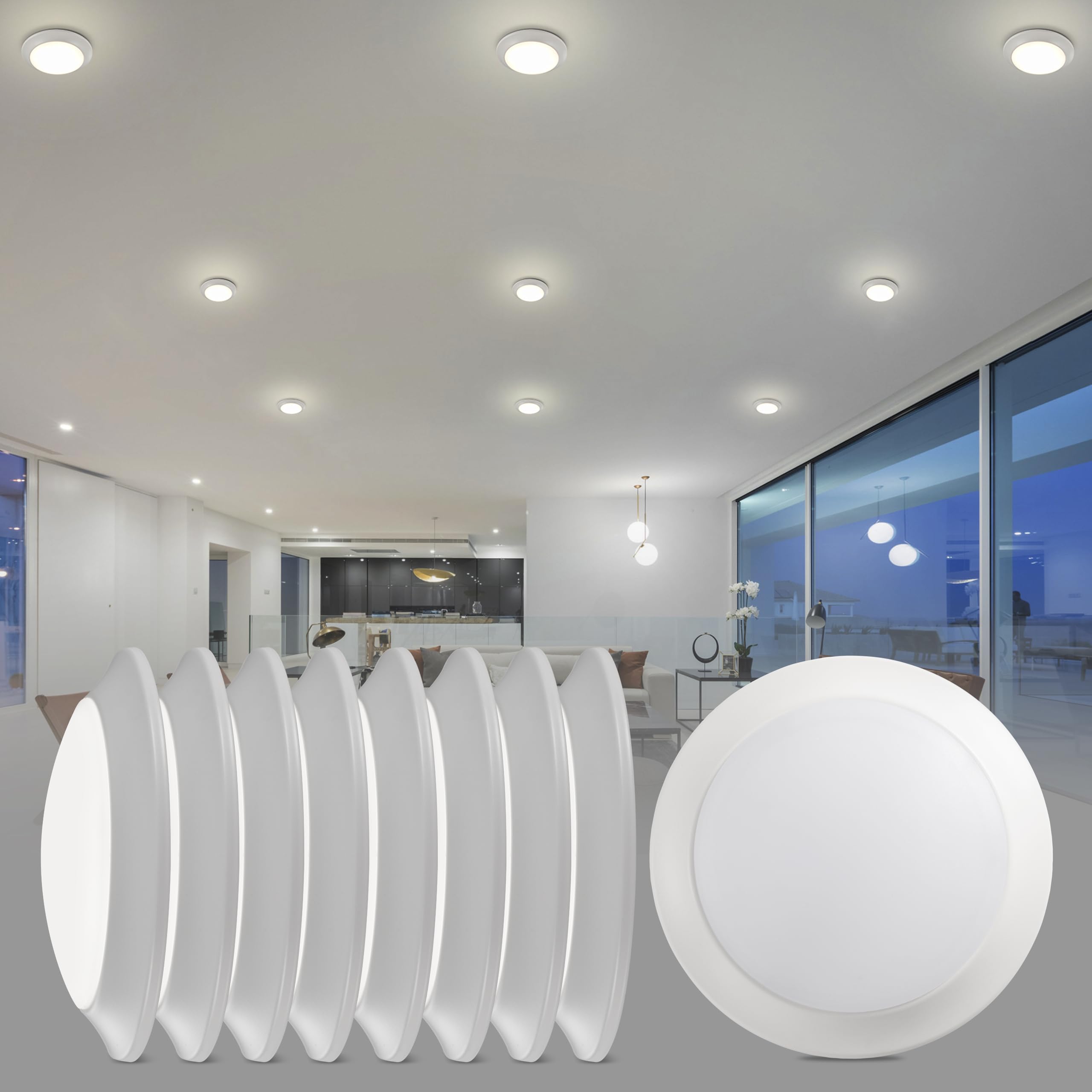 7.5-inch Flush Mount Ceiling Downlight 8 Pack  15W LED Dimmable Disk Lights  1050 lumens Warm White 3000K CRI90 110W Equivalent Downlight  ETL Wet Certificated Low Profile Ceiling Light
