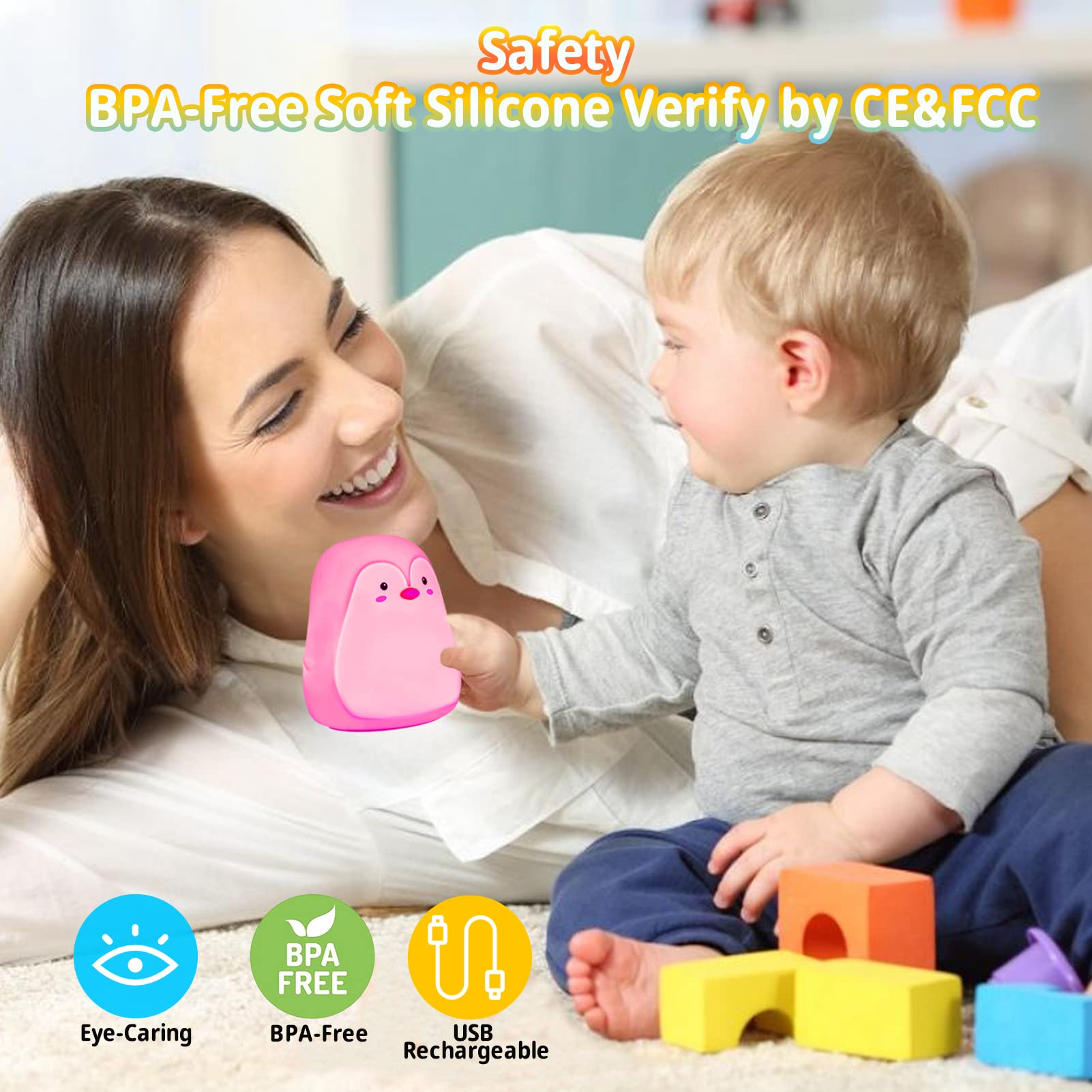 LOVERUIS Penguin Night Light Kid Children, 7 Colour Changing LED Portable Baby Lamp Newborn, USB Rechargeable Silicone Animal Ni