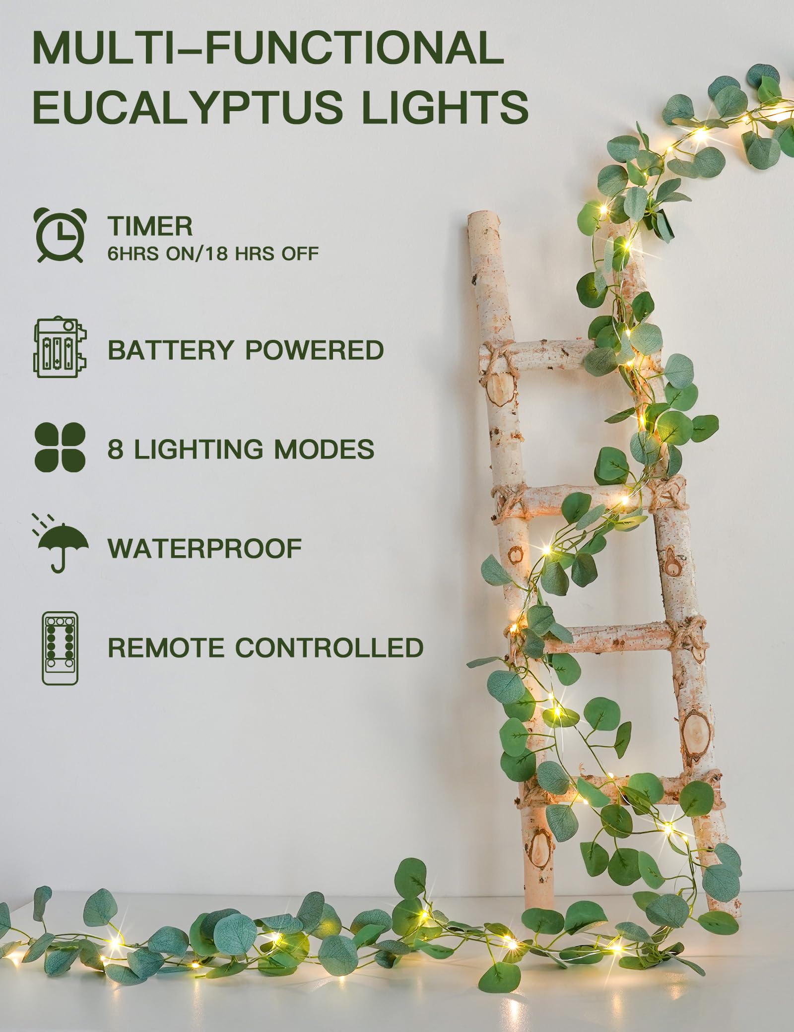 suddus Eucalyptus Garland String Lights, 33ft, 100 LED, Battery Operated, Warm White, Remote Control, Copper Wire