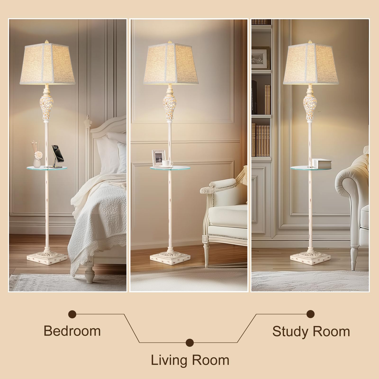 LuxSight Vintage Floor Lamp, 65" Rustic Tall Light with Nightlight, Cream Color, Glass Tray, Model PL8031-FLTR, Ideal for Living Room, Bedroom