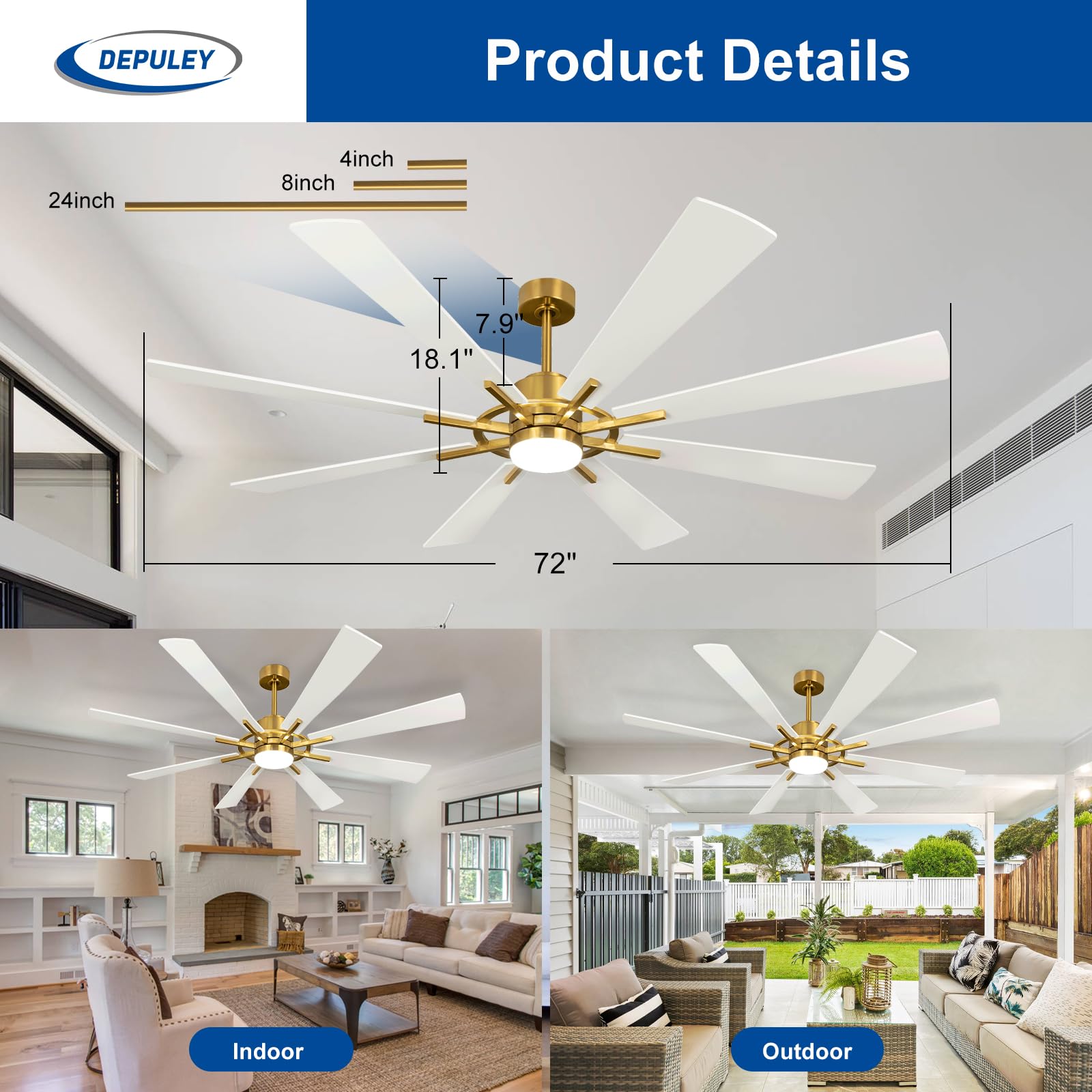 Depuley 72-Inch Ceiling Fan with Light, White and Gold, 8 cutting edges, DC Motor, Remote Control, Model WS-FPZ182-18C-WG-AP