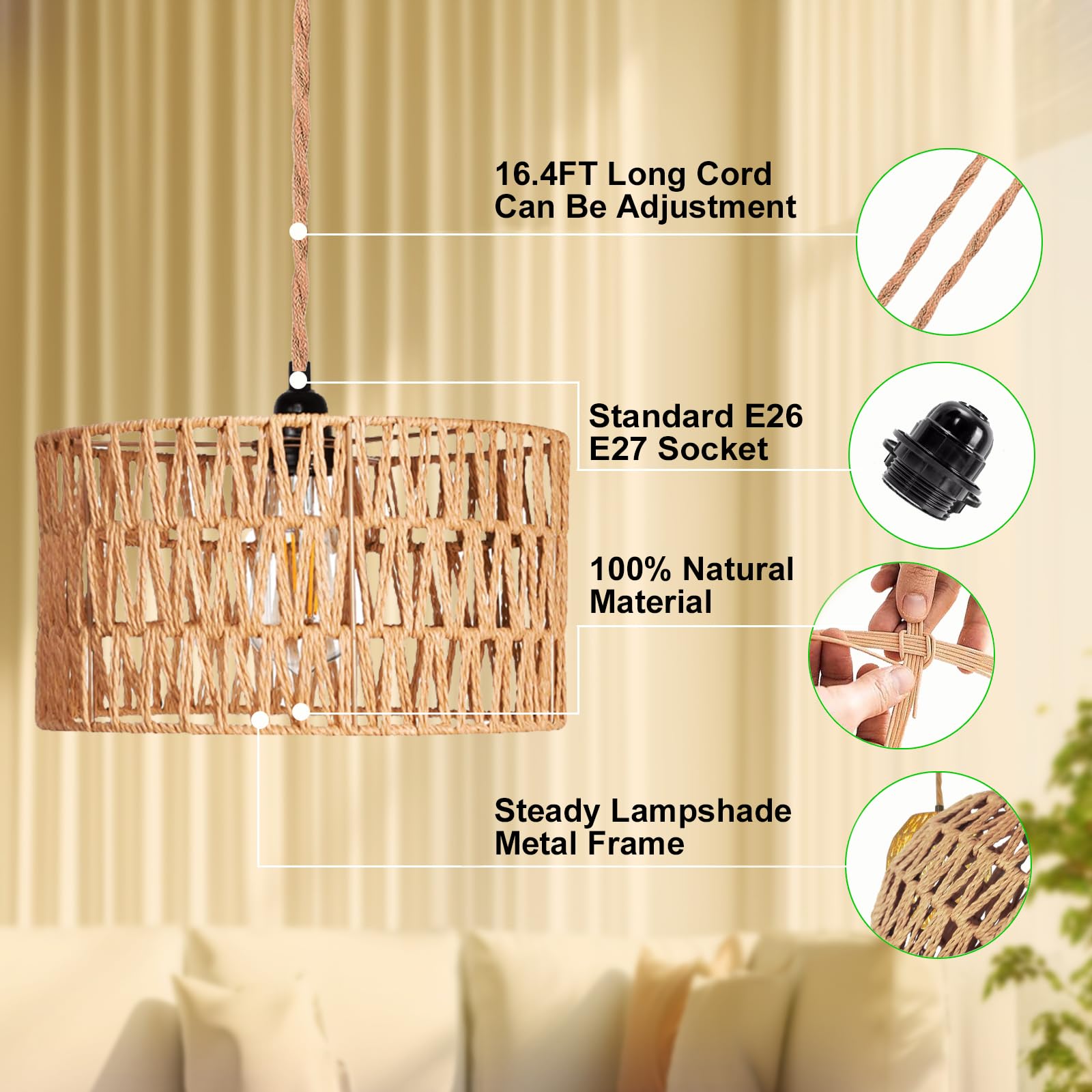 Maliralt Hanging Lamps Rattan Pendant Light Hanging Lights 16.4Ft Plug In Cord Pendant Light Fixture Plug Into Wall Outlet Penda