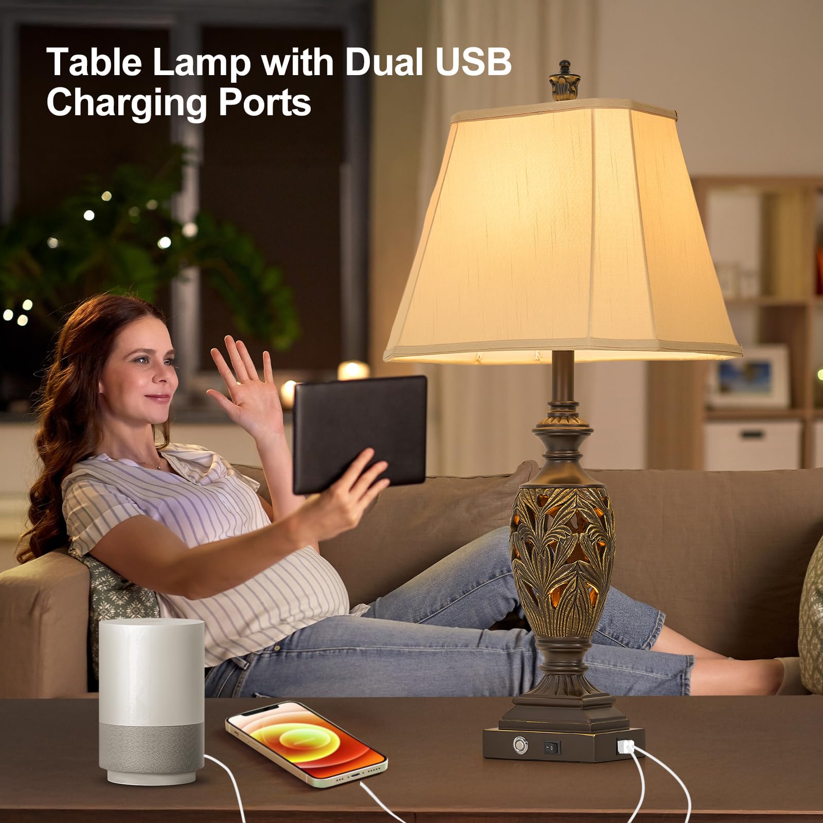 29.5''H Touch Traditional Table Lamp Set Of 2,Vintage Bedside Nightstand Lamps With Dual Usb And Night Light, 3-Color Hollow Out