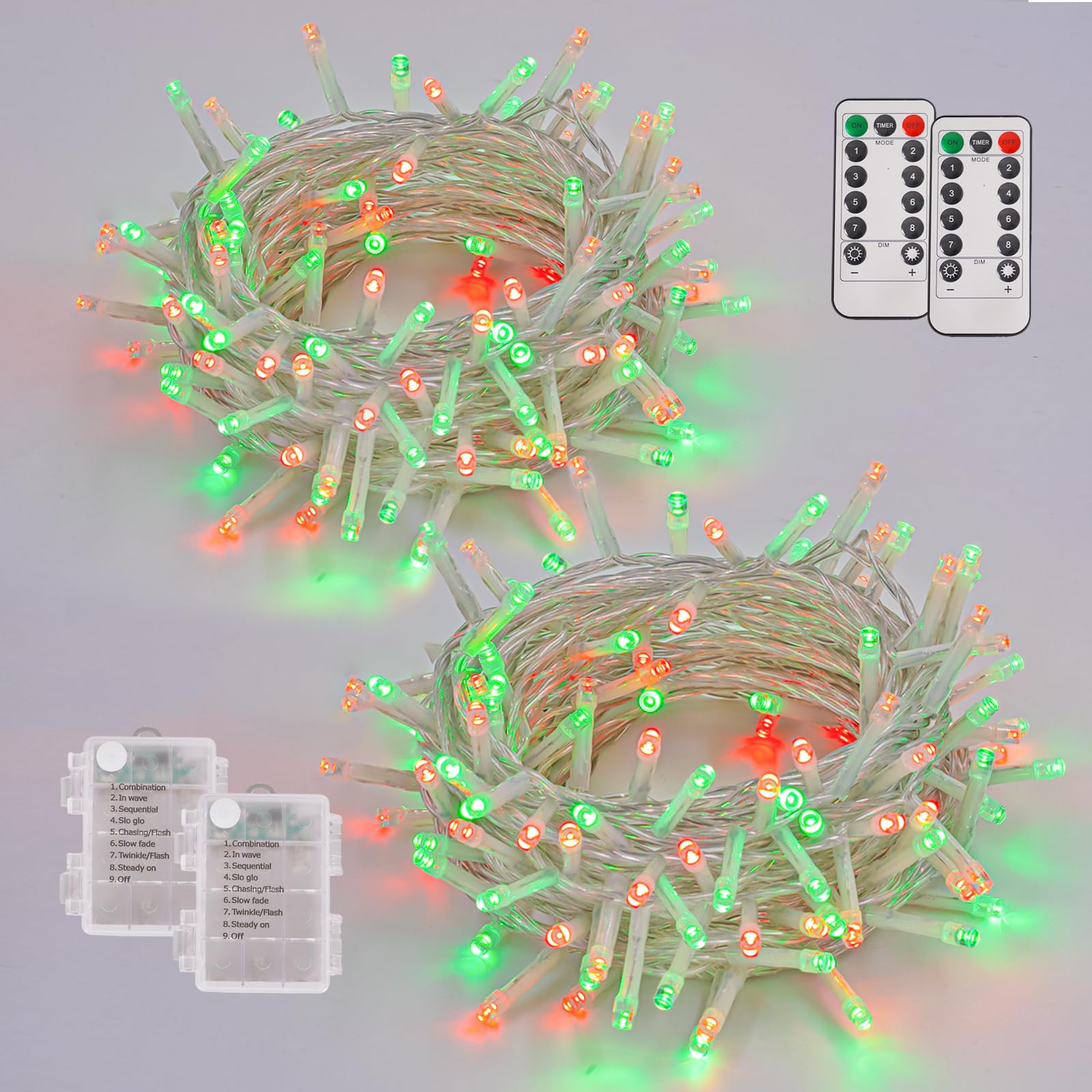 YEGUO Christmas Lights Battery Operated, 2 Pack Each 33ft 100 LED Red and Green String Lights Outdoor Waterproof,8 Modes Clear W