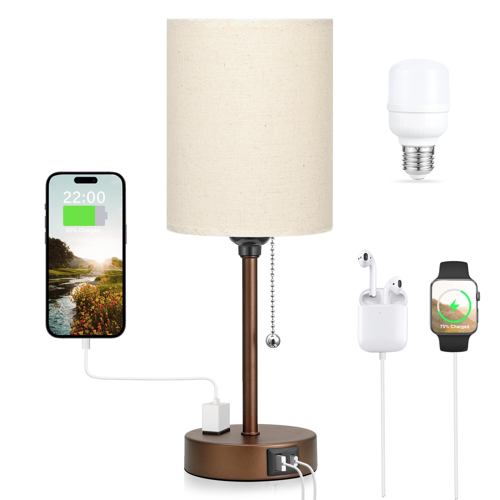 Dicoool Small Bedside Table lamp for Bedroom - 3 Color Temperatures Brown Bedside Lamps with USB C and A Ports  Pull Chain Table Lamps with AC Outlet  Black Nightstand Lamps for Kids Reading Study