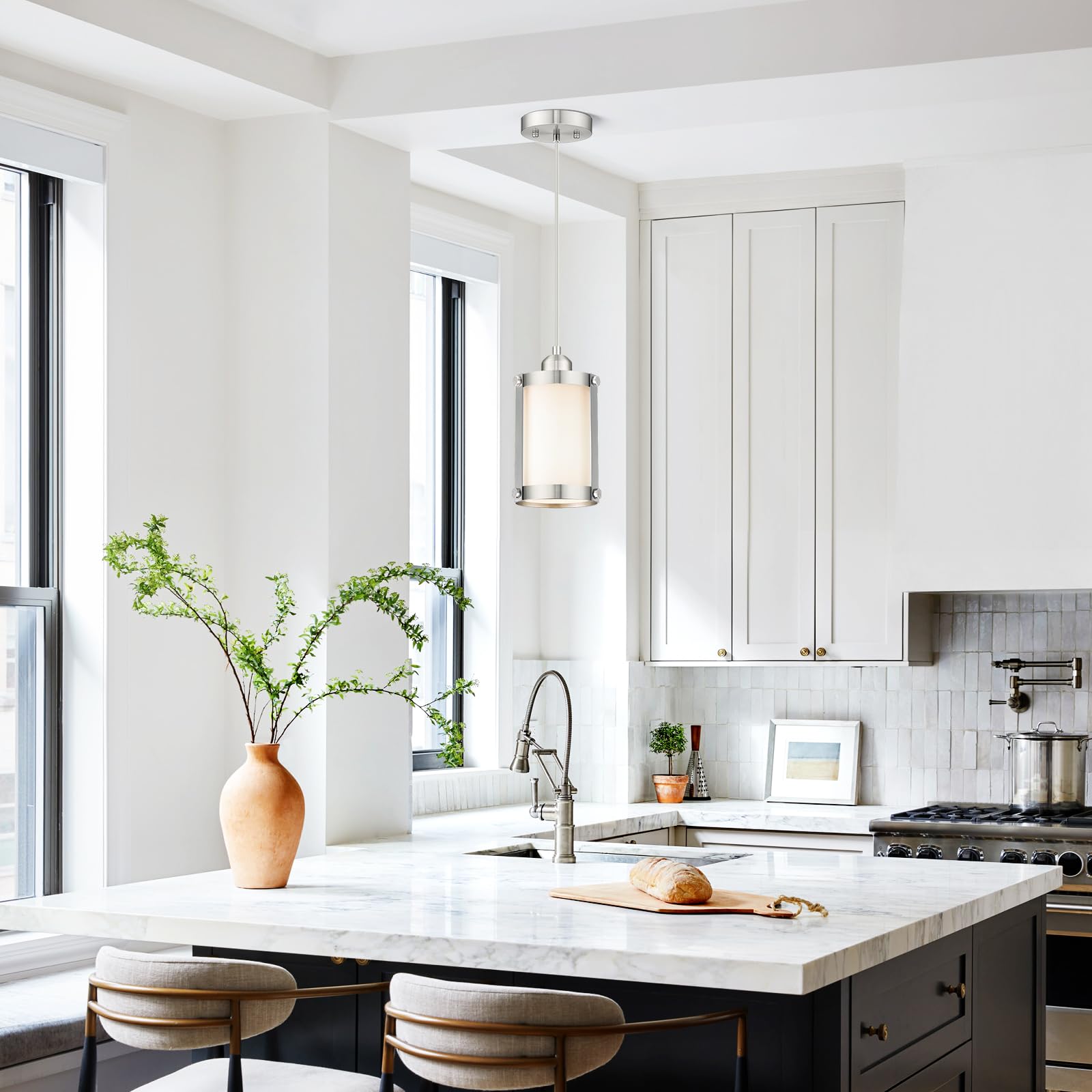 Osimir Brushed Nickel Pendant Lights Kitchen Island 3 Pack, Modern Kitchen Pendant Lighting Over Island With Milk Glass, Farmhou