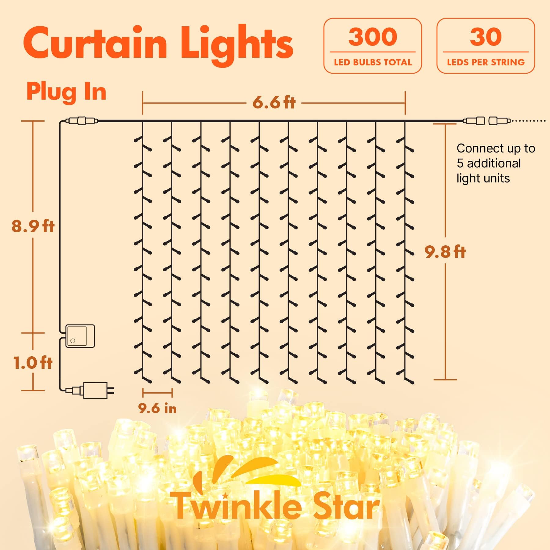 Twinkle Star 300 LED Fairy Curtain String Lights, Warm White, 2 Pack, 8 Modes, Plastic, Model JT-DC300V0200-C