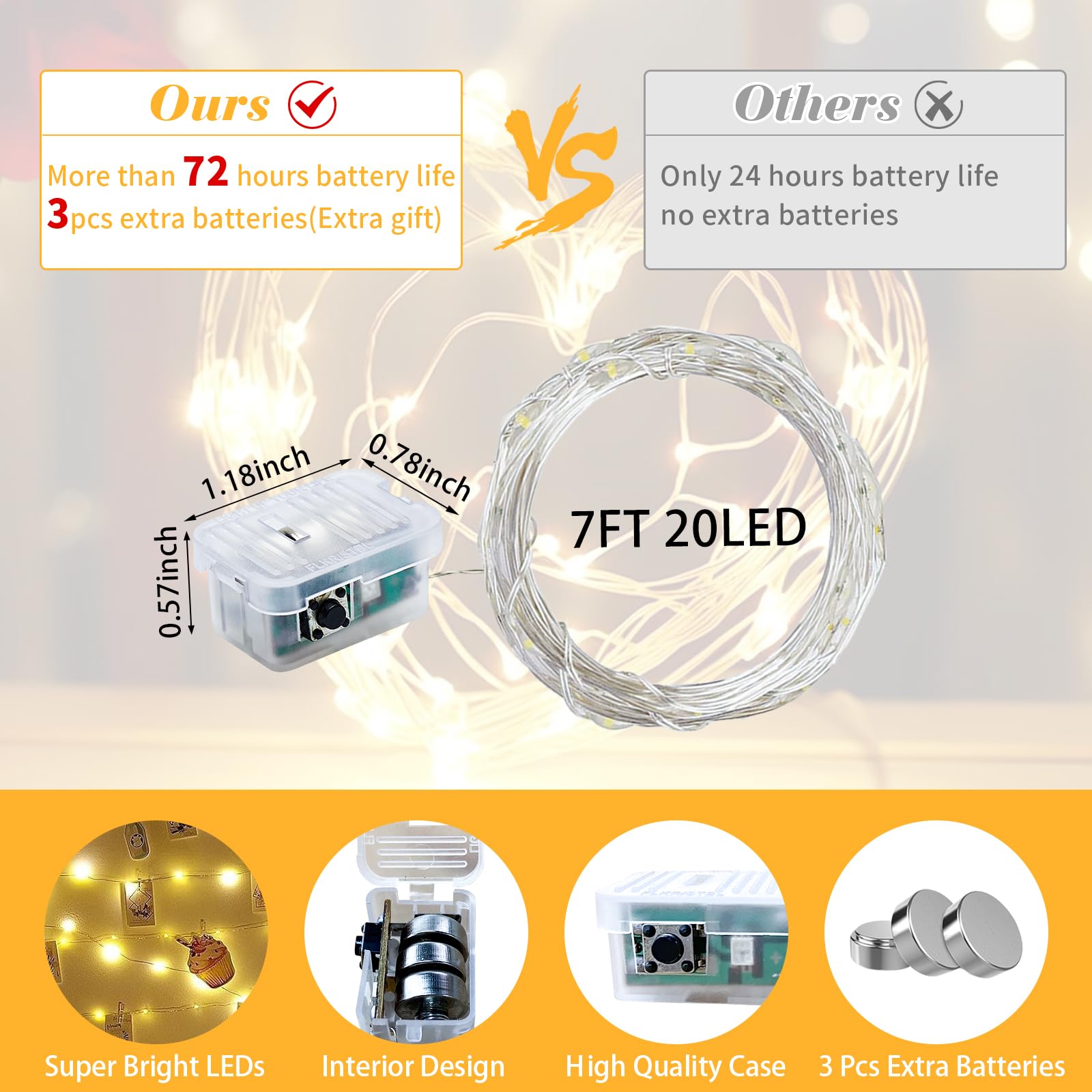 chzk 8 Pack LED Fairy Lights, 20 LED Mini String Lights, Waterproof, Warm White, 7Ft, Model A01-Mini for Home Decor