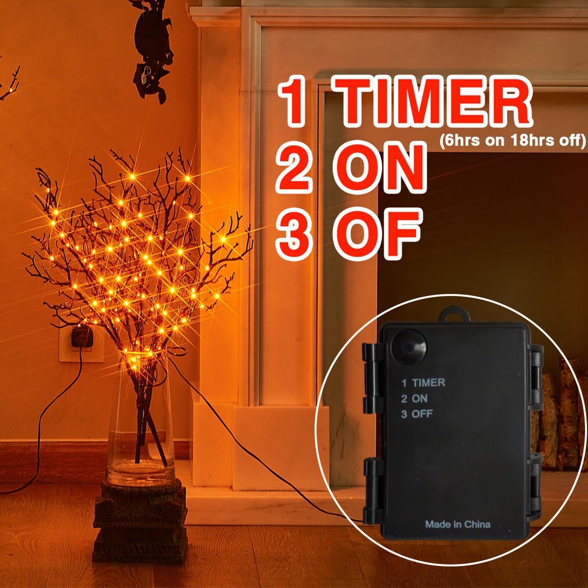 Fudios Lighted Halloween Branches With Timer Orange Fairy Lights 21In 75L,Battery Operated Black Twig Branch Lights Indoor Outdoor Use For Halloween Party Decoration