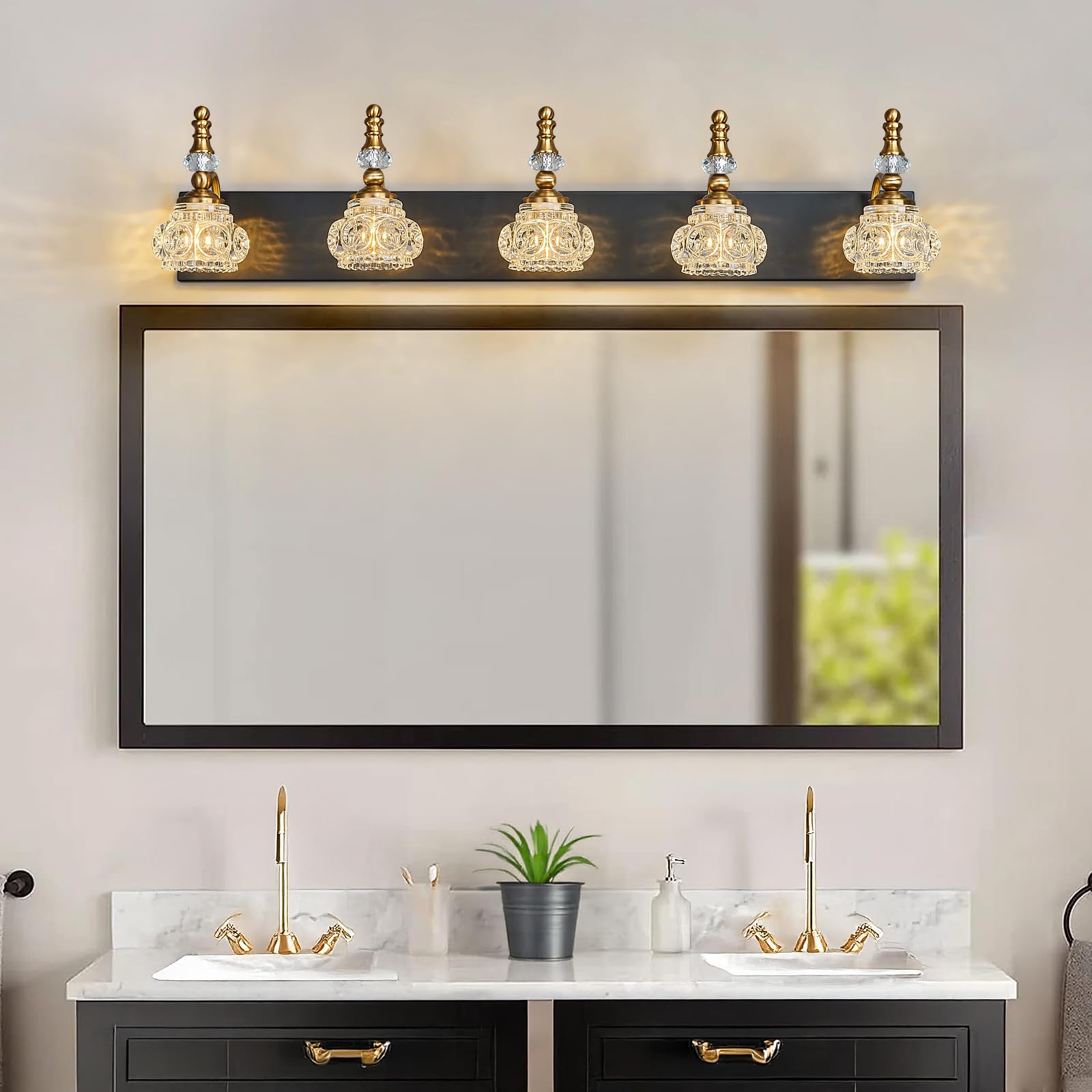 Lbsqj Modern Glass Crystal Vanity Light - Vintage Bathroom Lighting Fixtures Over Mirror  5 Light Vanity Lights G9 Bulb (35.43 Inch  Black Gold)