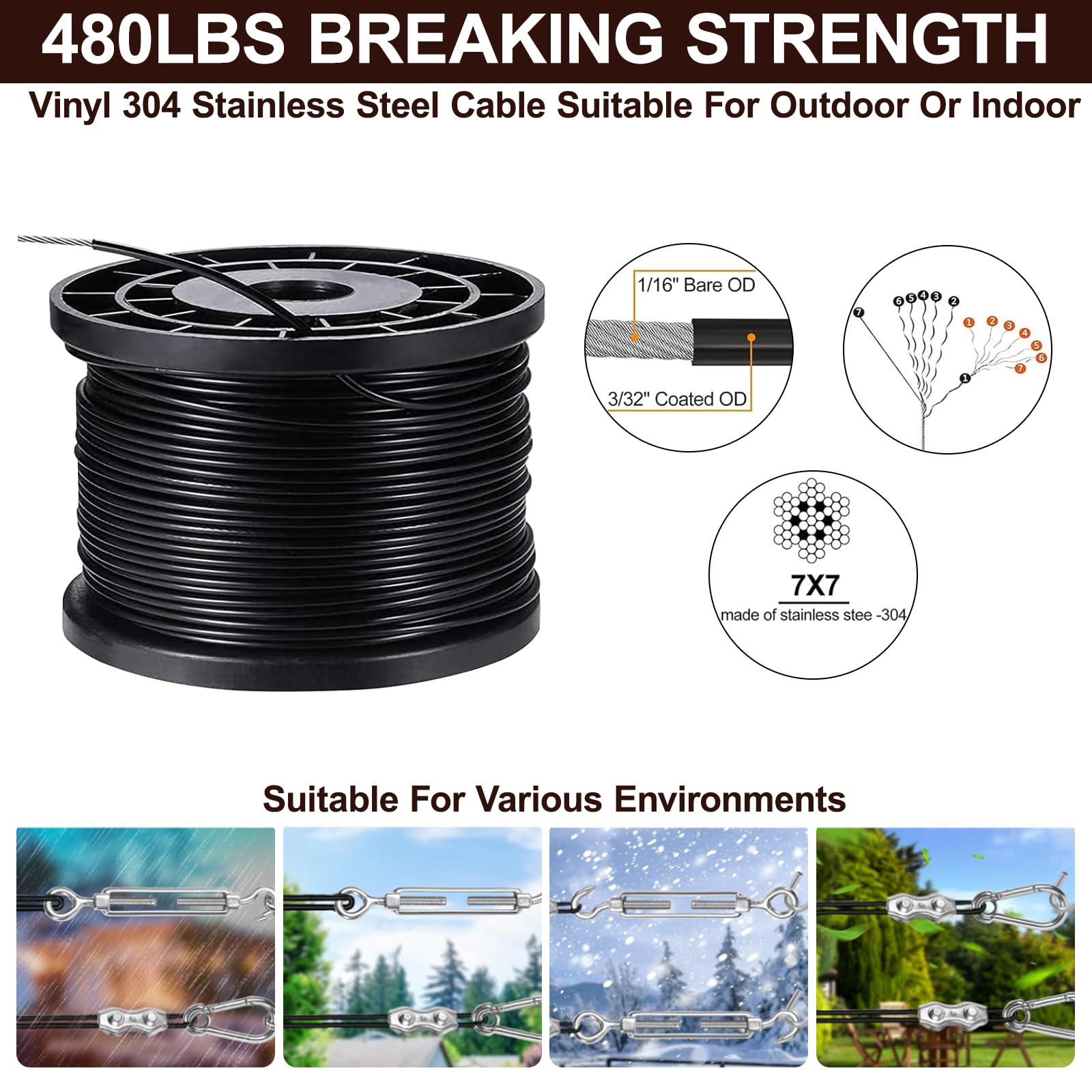 Ugarden Upgraded Outdoor String Light Hanging Kit, 350Ft Globe String Light Suspension Kit W/Expansion Hook, Stainless Steel 304 String Light Guide Wire, Black Guy Wire Kit For Wedding Dinner Barbecue